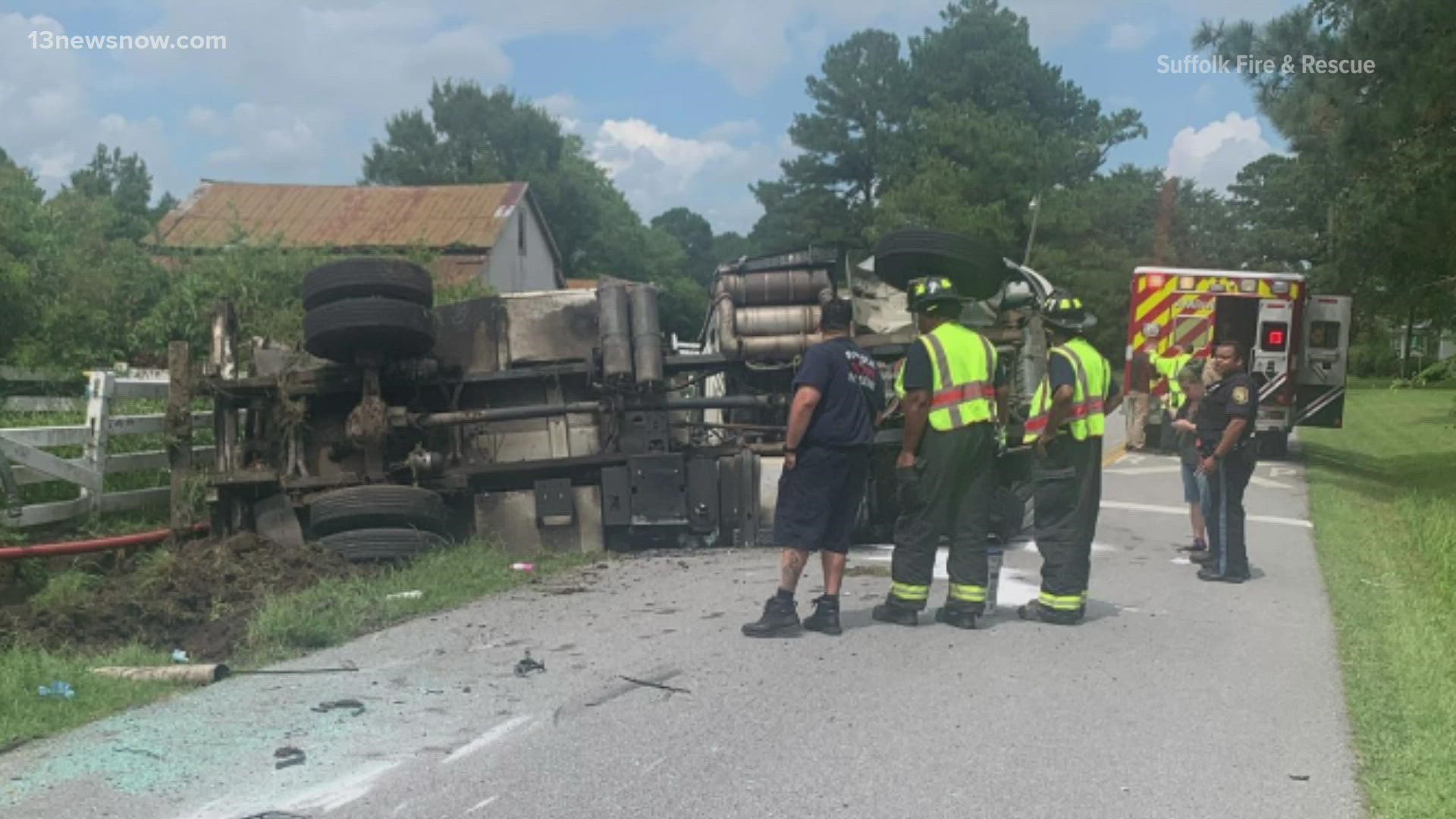 Part of Buckhorn Drive in Suffolk is shut down after a tanker truck carrying cooking oil overturned, spilling oil onto the roadway.