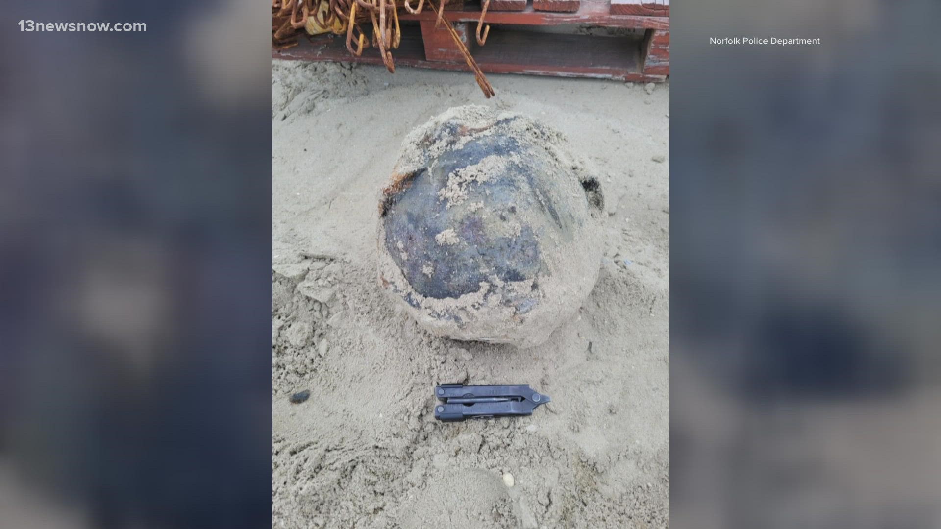 The Norfolk Police Department said construction crews found a "surprise" explosive device on the beach at Willoughby Spit.