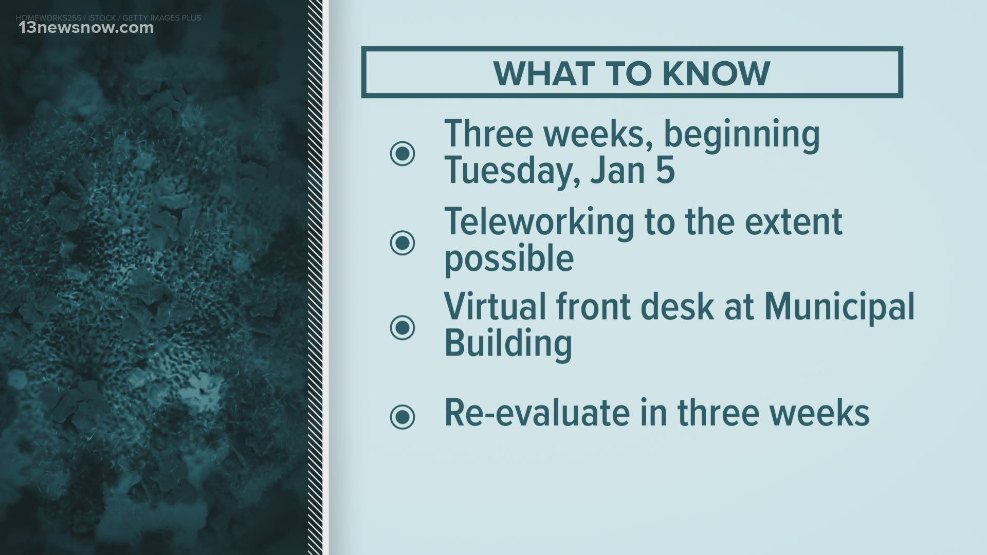 A virtual front desk will be set up in the Municipal Building if there's any business that you need to do in-person. The city will re-evaluate in three weeks.