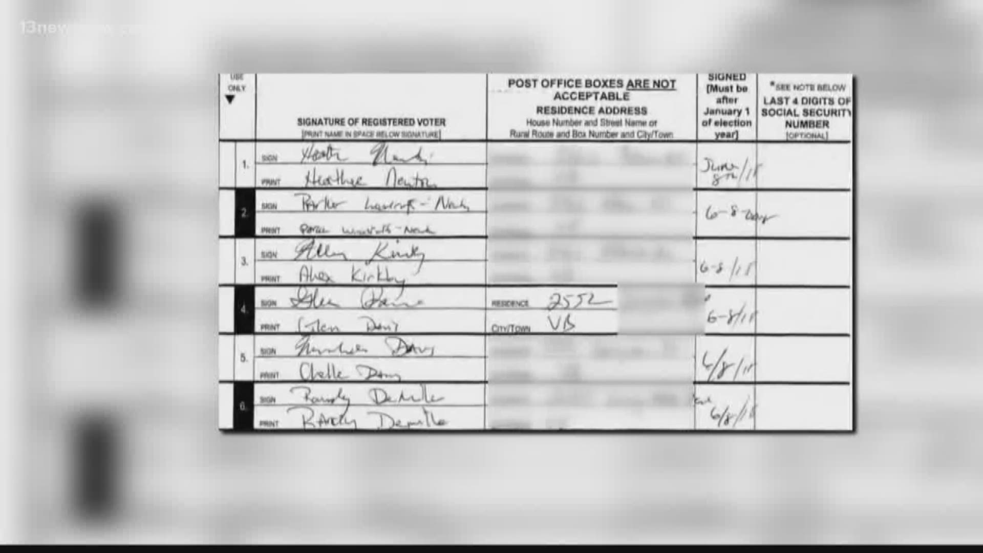 13News Now Investigative Reporter Laura Geller says that Delegate Glenn Davis says he and his wife's names were forged on one of the ballot petitions for Shaun Brown.