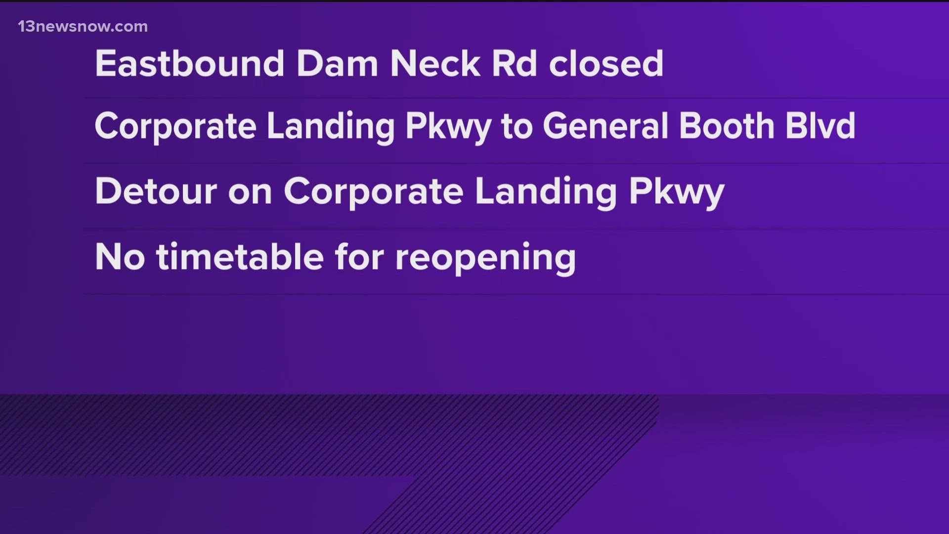 The eastbound lanes of Dam Neck Road are closed at Corporate Landing Parkway, according to officials.