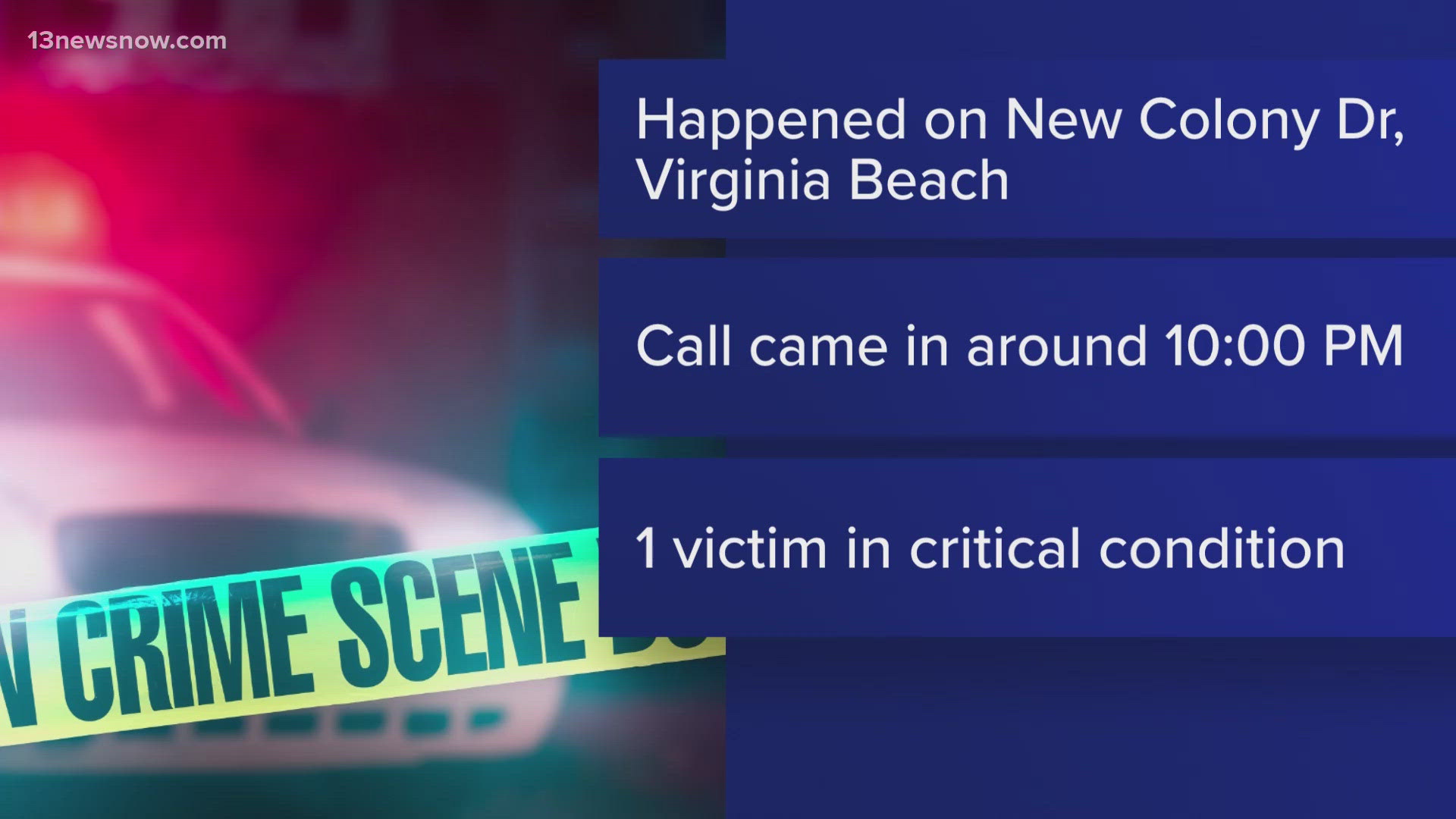 A victim is in the hospital after a shooting late Friday in Virginia Beach on New Colony Drive.