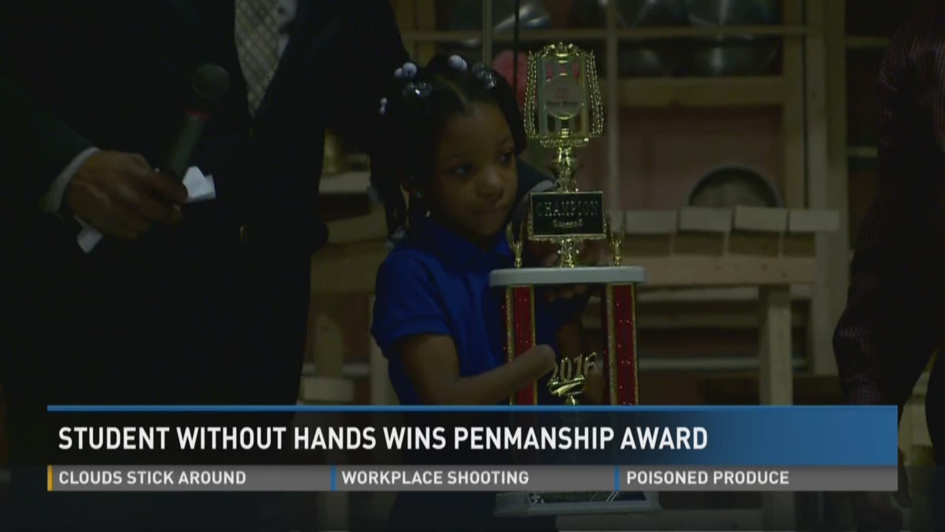 A 1st grader from Chesapeake who was born without hands won a national handwriting competition!
