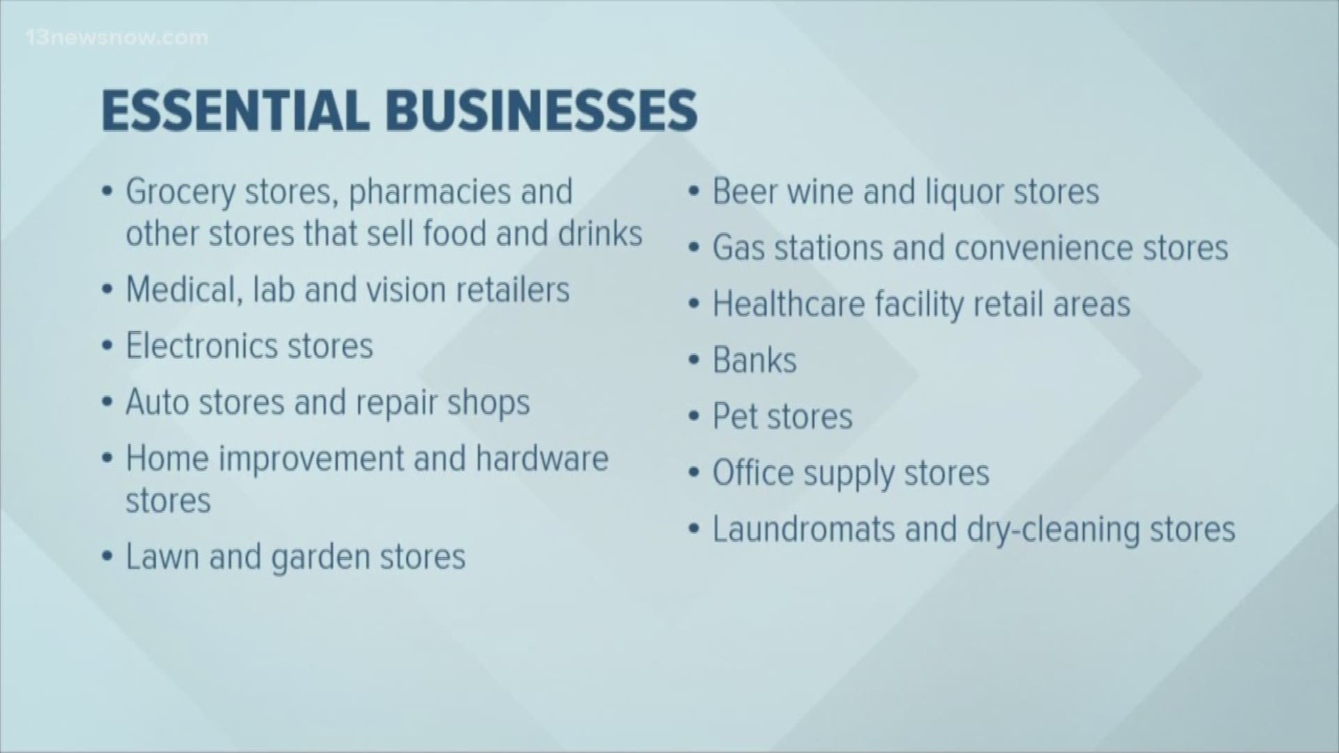 Some of those essential businesses include grocery stores, pharmacies, medical facilities, even liquor stores.