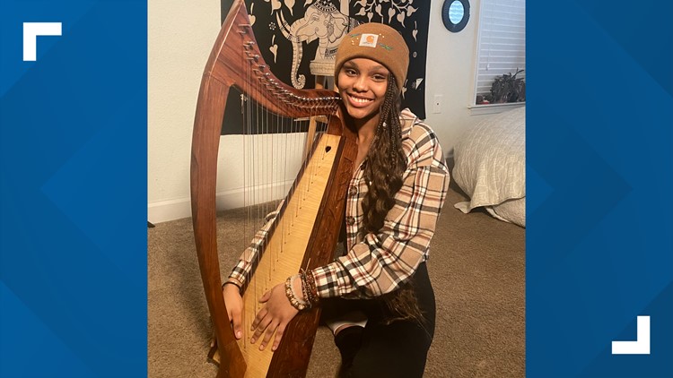 With aspirations to be a professional musician, teen girl surprised with the harp of her dreams