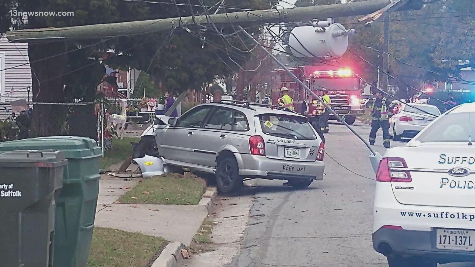 Suffolk Fire-Rescue crews responded to a single vehicle crash in the 200 block of Holiday Street between Finny Avenue and Bank Street around 7:01 a.m. on Wednesday.