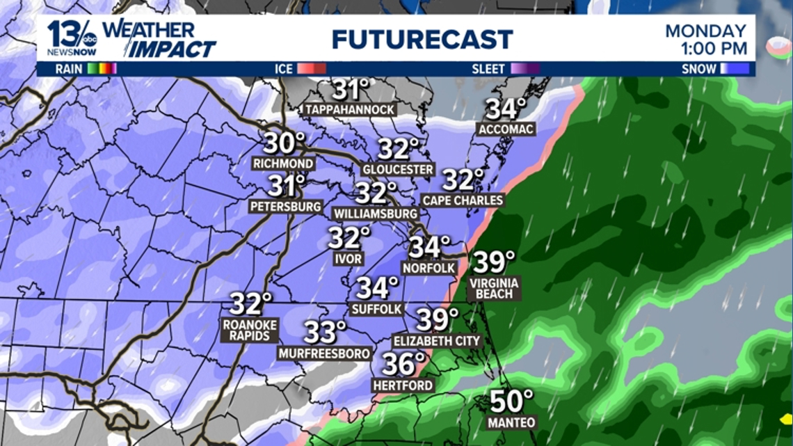 Another round of snow and wintry mix likely for Virginia on Monday