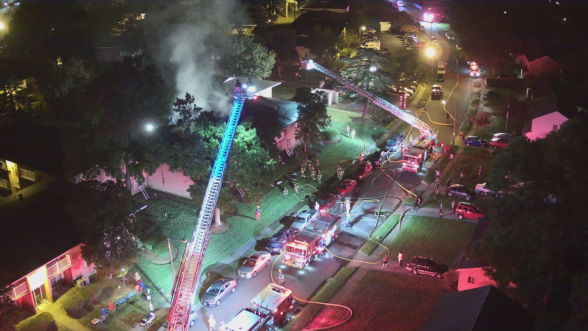 The Virginia Beach Fire Department sent drone video of firefighters battling flames that displaced 13 people from a building at the Pembroke Town Center Apartments. A man was charged with arson in connection to the fire.