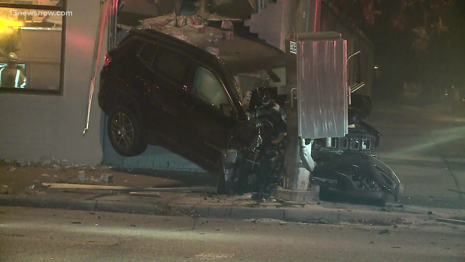 Norfolk police said they found a vehicle that crashed between a pole and a building in the 3400 block of Granby Street.