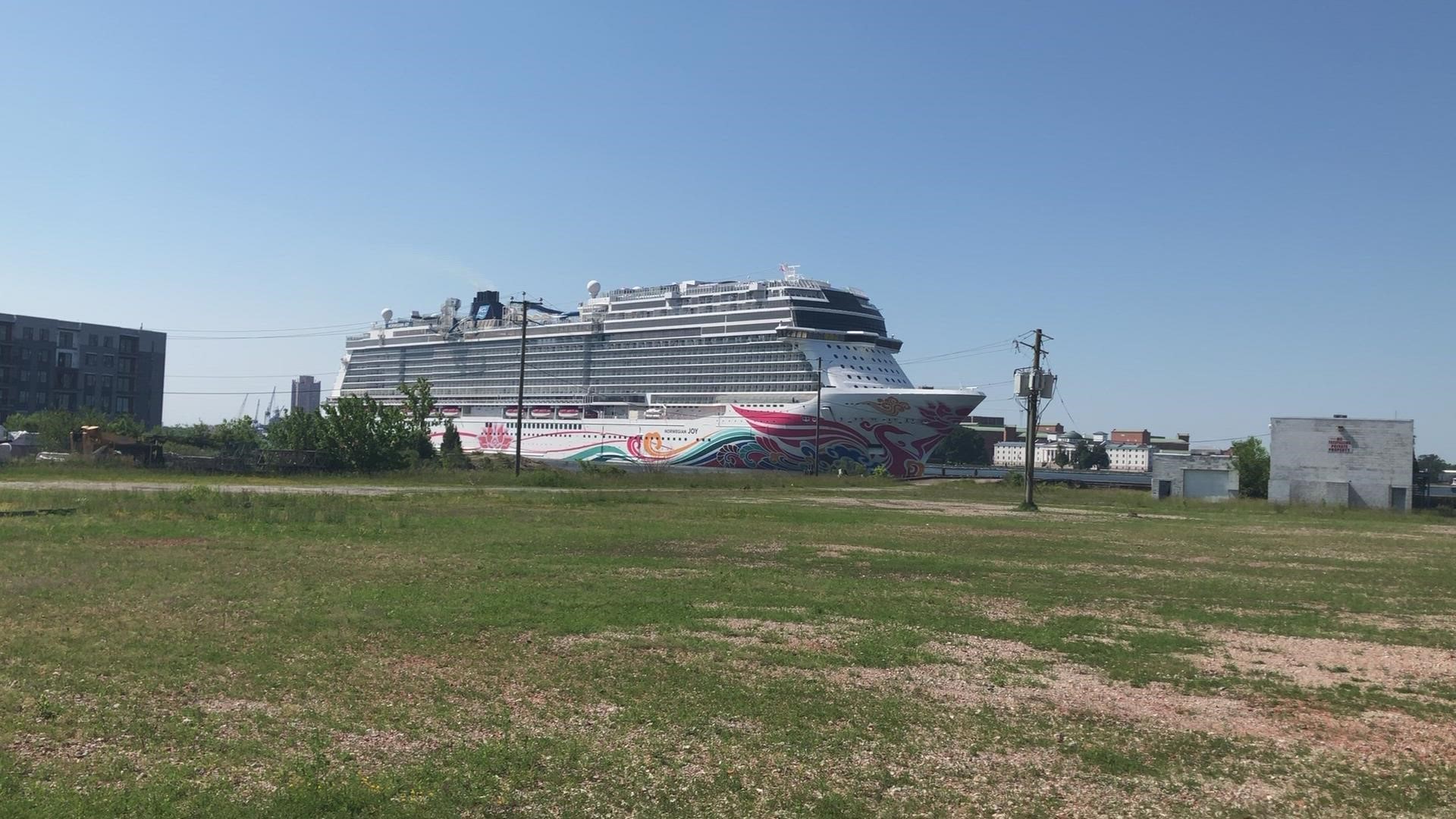 The Norwegian Joy, part of Norwegian Cruise Line's fleet of ships, arrives in Norfolk, Va. on May 16, 2022.