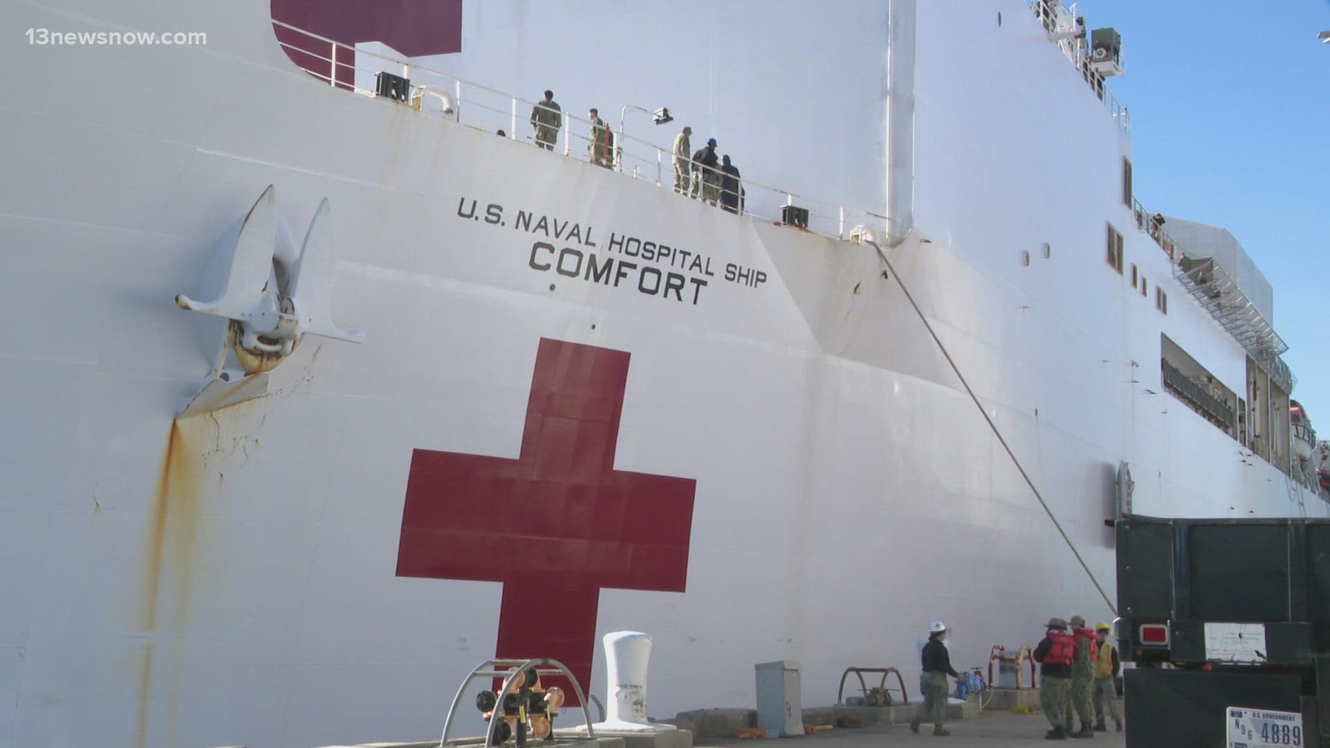USNS Comfort docked at Naval Station Norfolk Wednesday, after a two-month deployment.