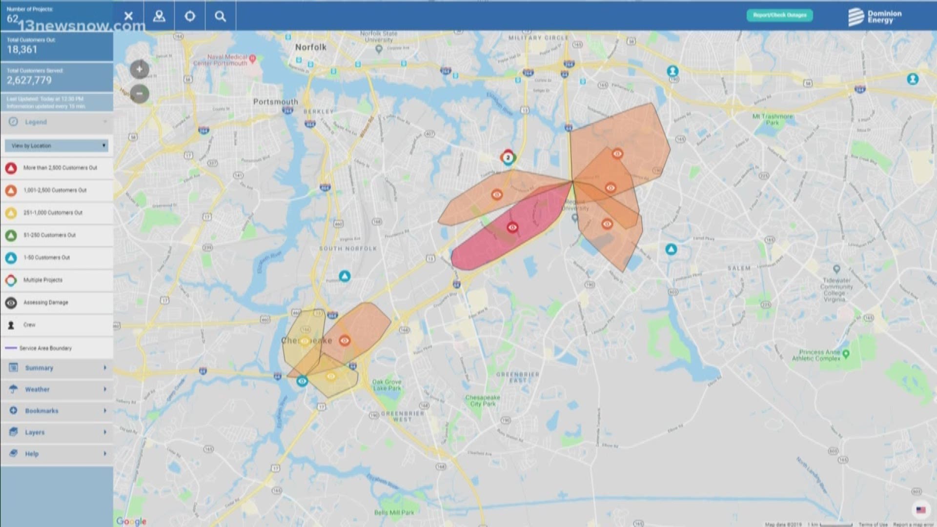 About 10,788 customers in Virginia Beach are without power, while 6,547 Chesapeake customers are affected.