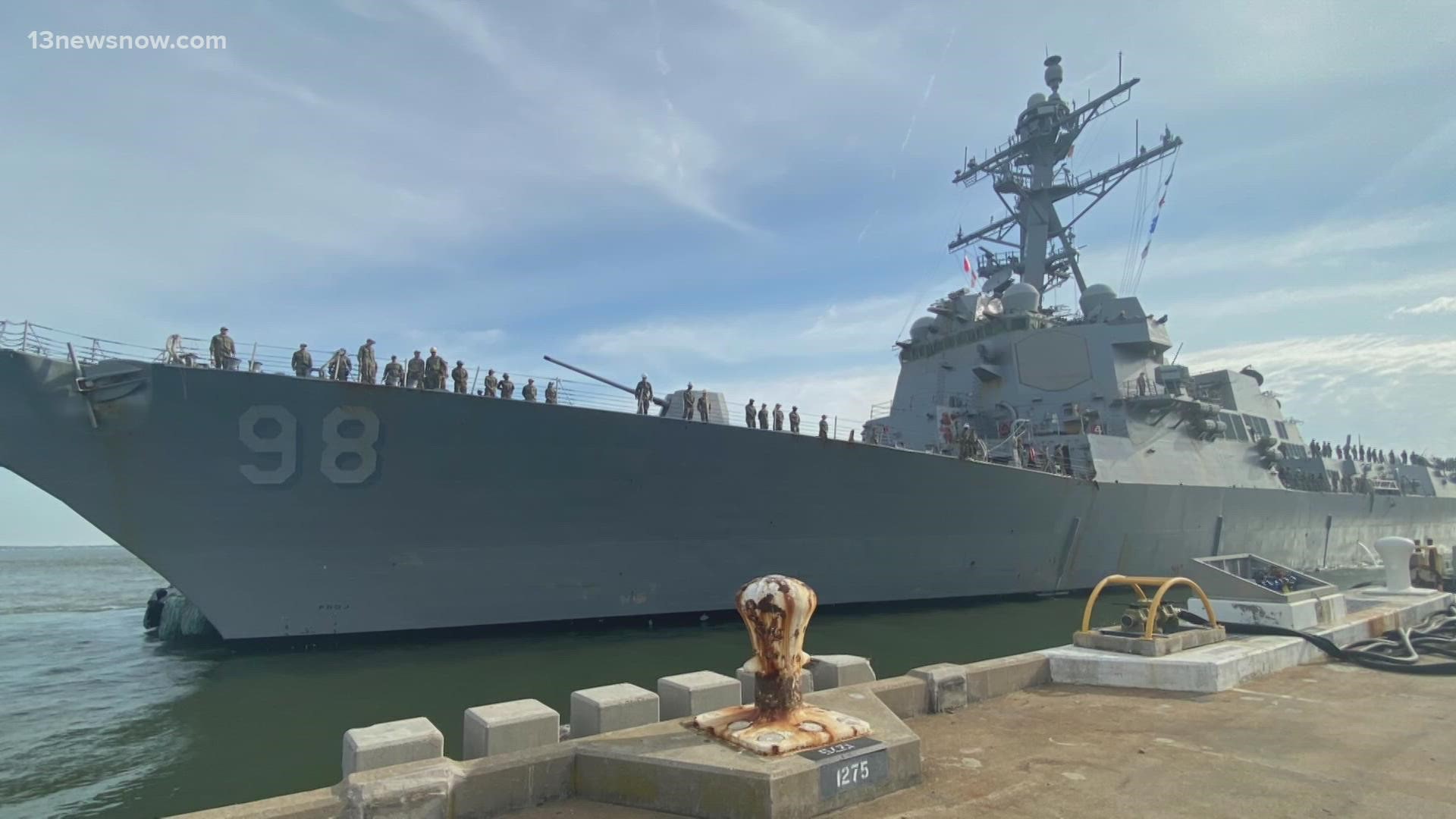 The Arleigh Burke-class guided-missile destroyer USS Forrest Sherman (DDG 98) is returning from a three-month deployment in the European theater of operations.