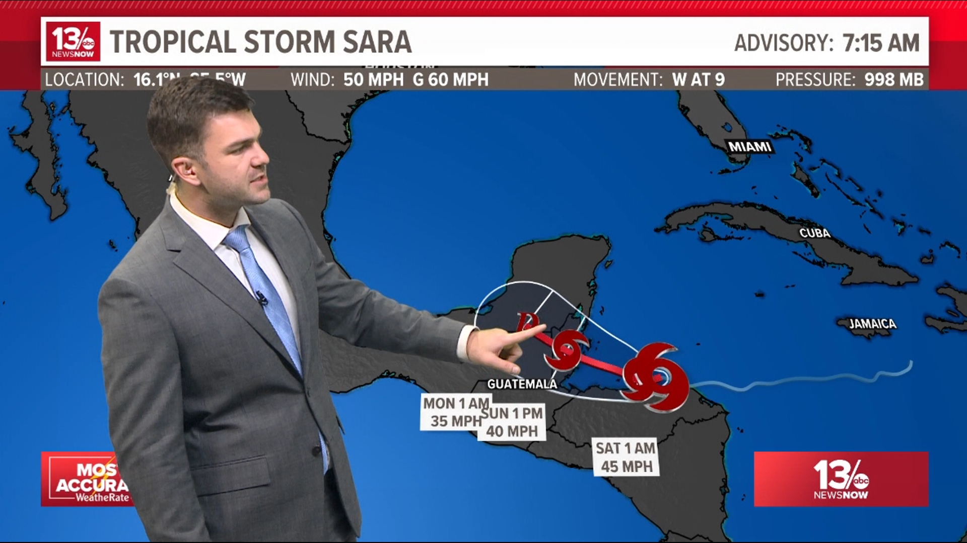 Tropical Storm Sara is moving west at 9MPH with winds of 45mph. It will interact with land over the coming days and continue to weaken into a tropical depression.