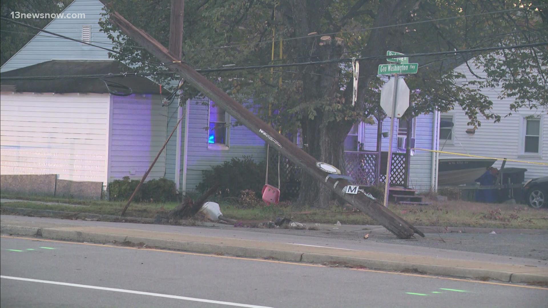 A power pole was knocked down during a crash that happened near 4900 George Washington Highway.