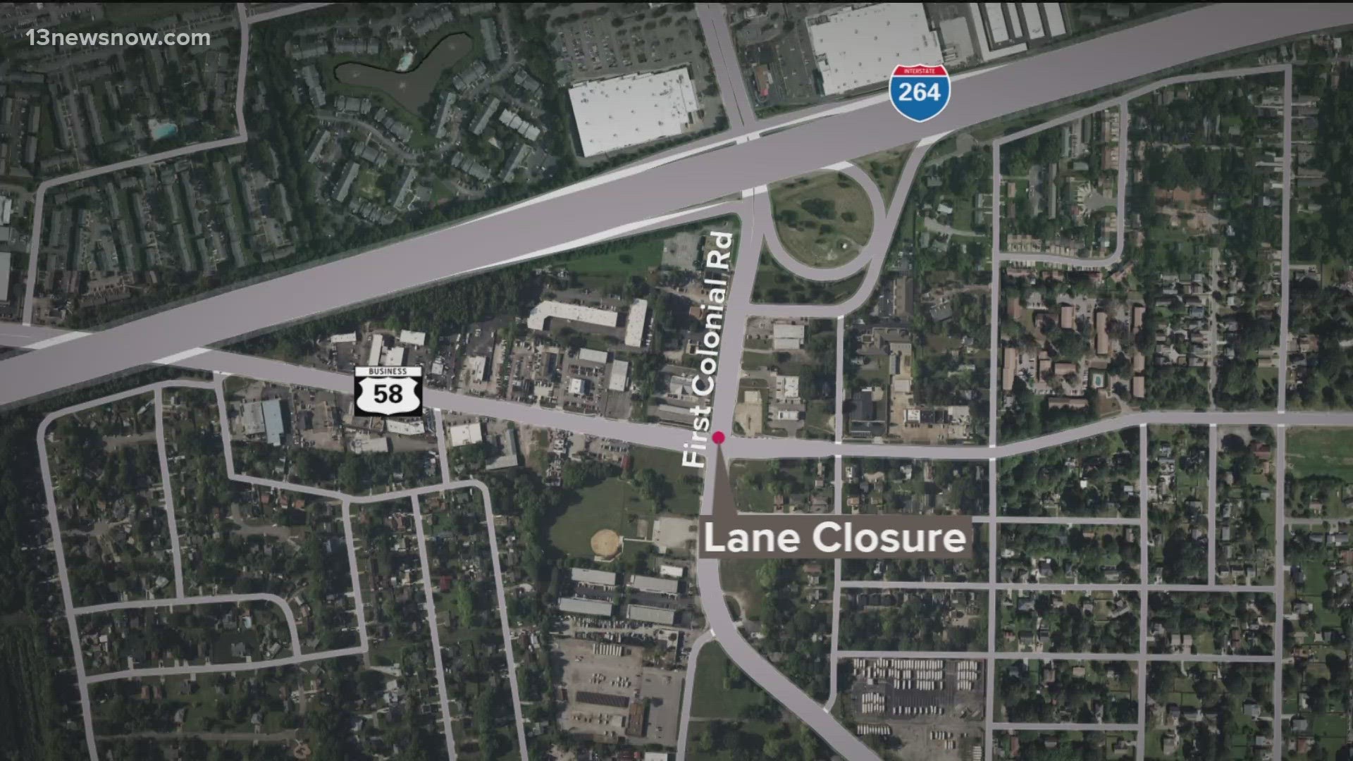 The repair is affecting the outside lane of westbound Virginia Beach Boulevard at the intersection with First Colonial Road in Virginia Beach.