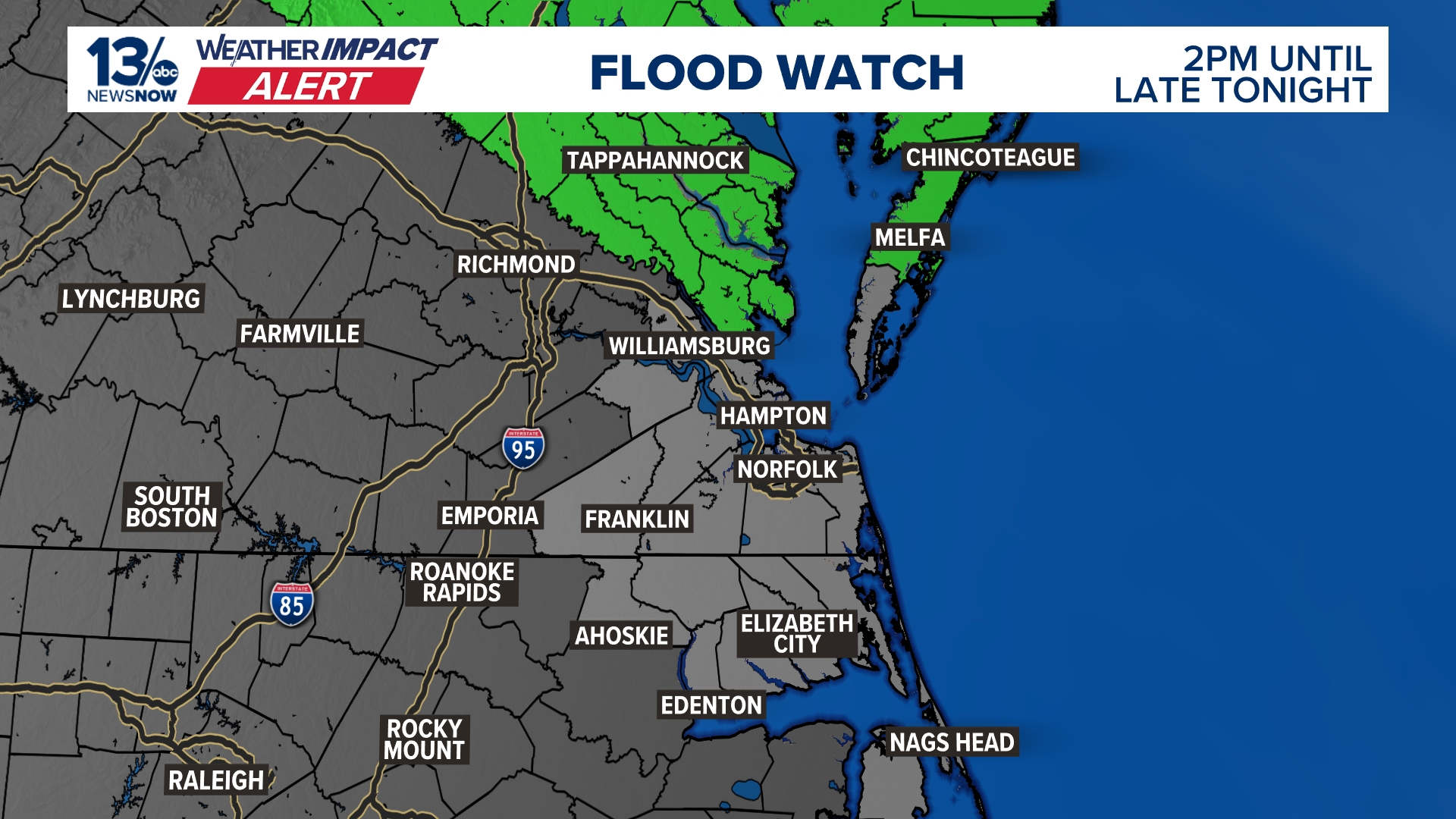 Flood watch issued for parts of Virginia as storms approach | 13newsnow.com