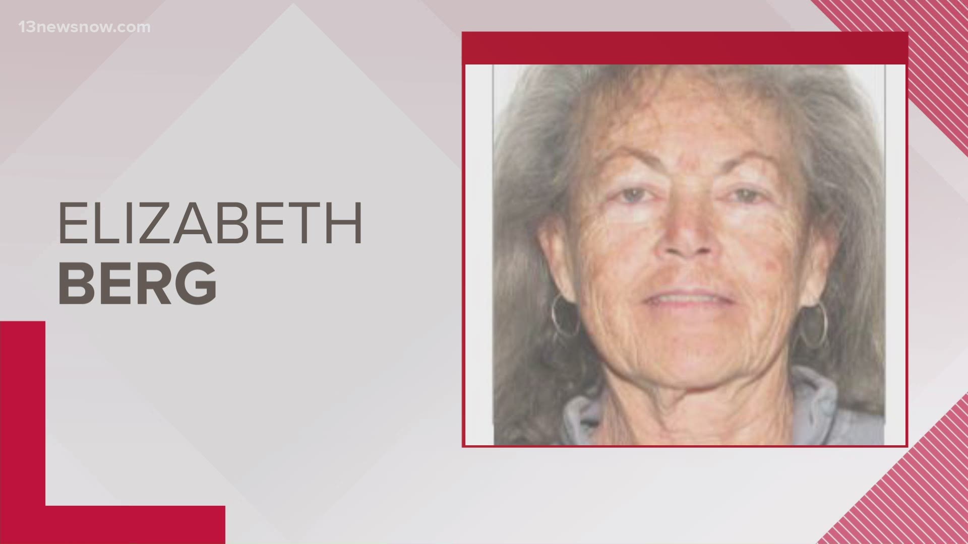 A senior alert was canceled for Elizabeth Berg, 69, who disappeared on Feb. 16 in Ocean View. Norfolk Police said she was found safe Wednesday.