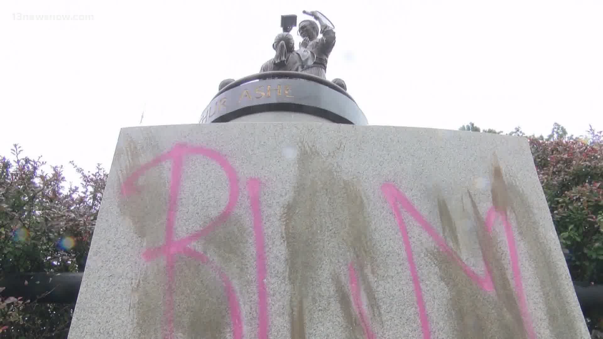 A statue of African American tennis legend Arthur Ashe on Richmond, Virginia’s, Monument Avenue has been vandalized with the words “White Lives Matter.”