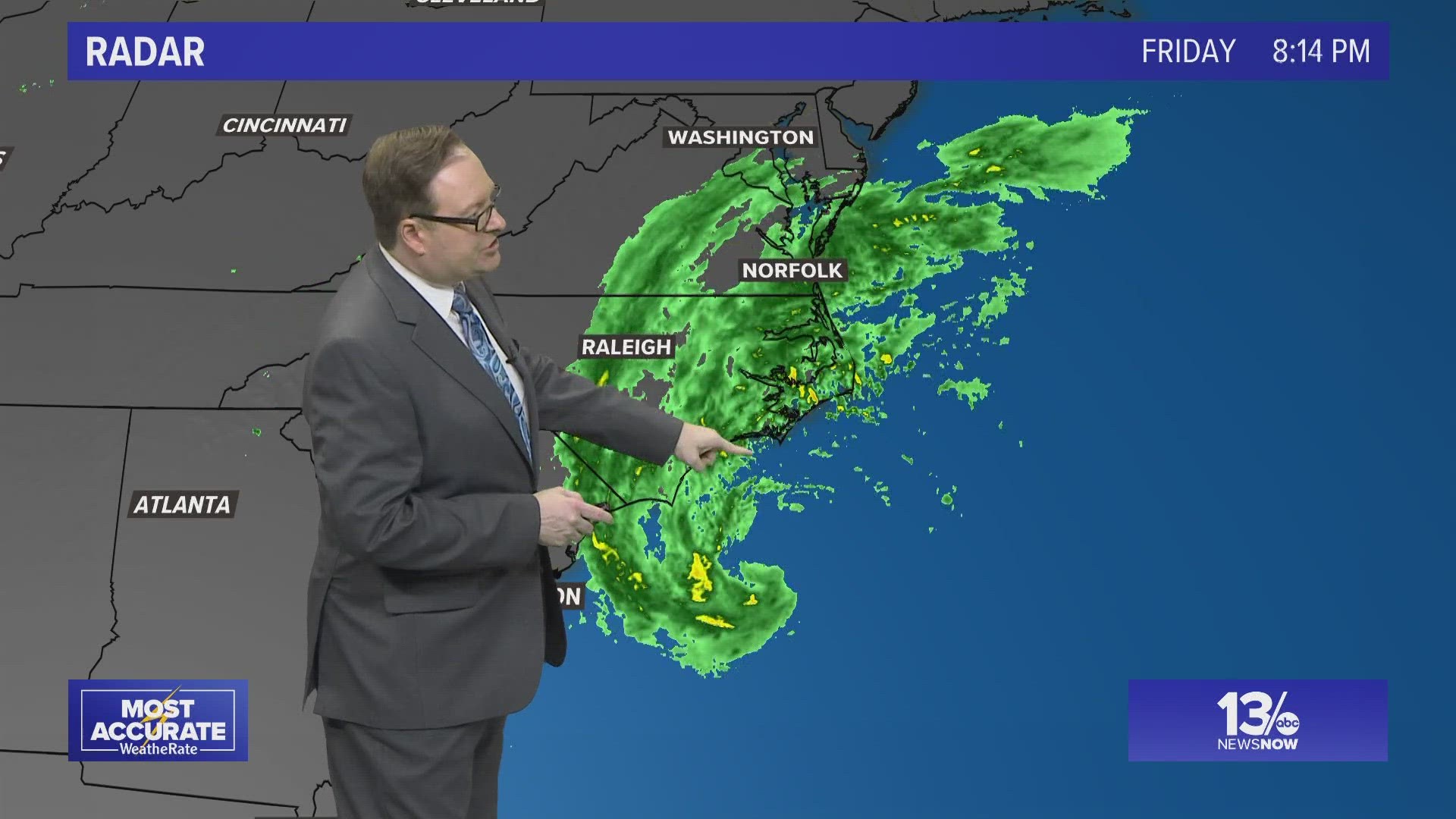 The storm is southeast of Cape Lookout, North Carolina with sustained winds of around 70 miles per hour, as of 8 p.m. Friday.