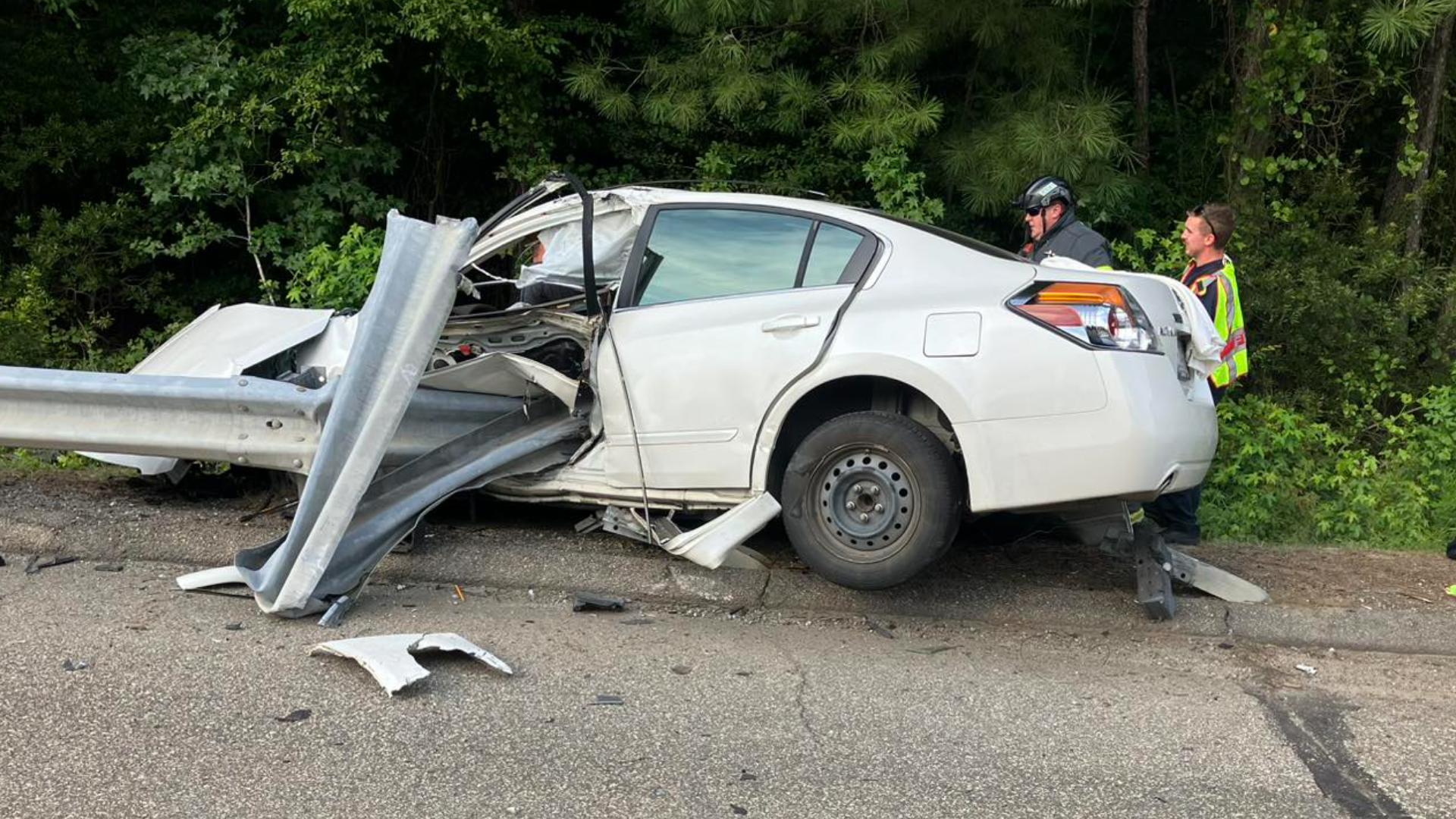 First responders had to remove one person from the car and take them to the hospital with serious injuries. Another person in the car has moderate injuries.