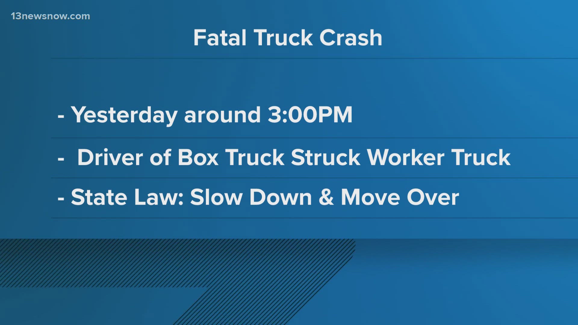 Police are investigating a fatal crash between two trucks on Route 58 that killed one truck driver in Suffolk.