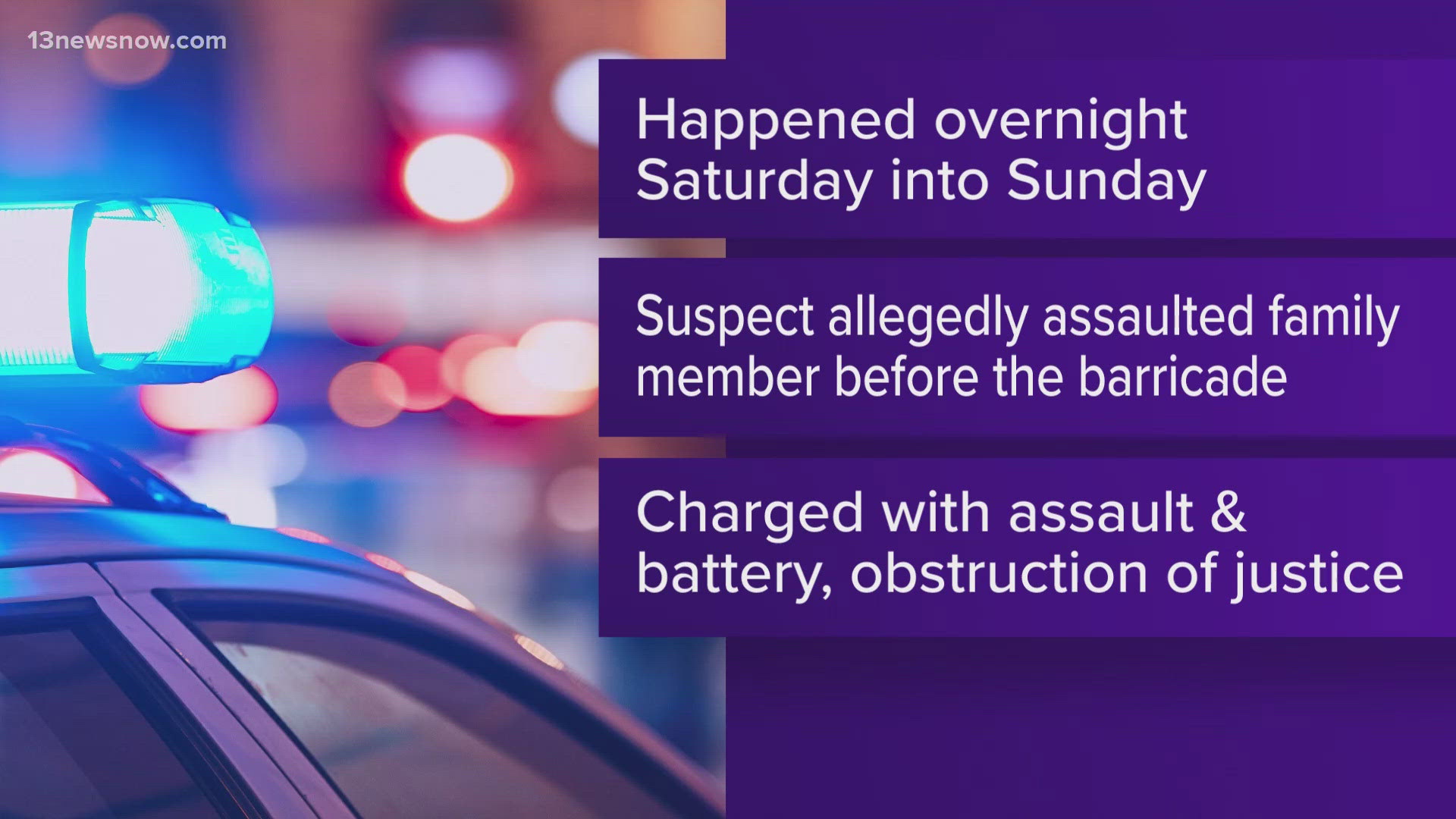 Suspect Jammie Michael Lowney faces charges of assault and battery of a law enforcement officer, obstruction of justice and assault and battery of a family member.