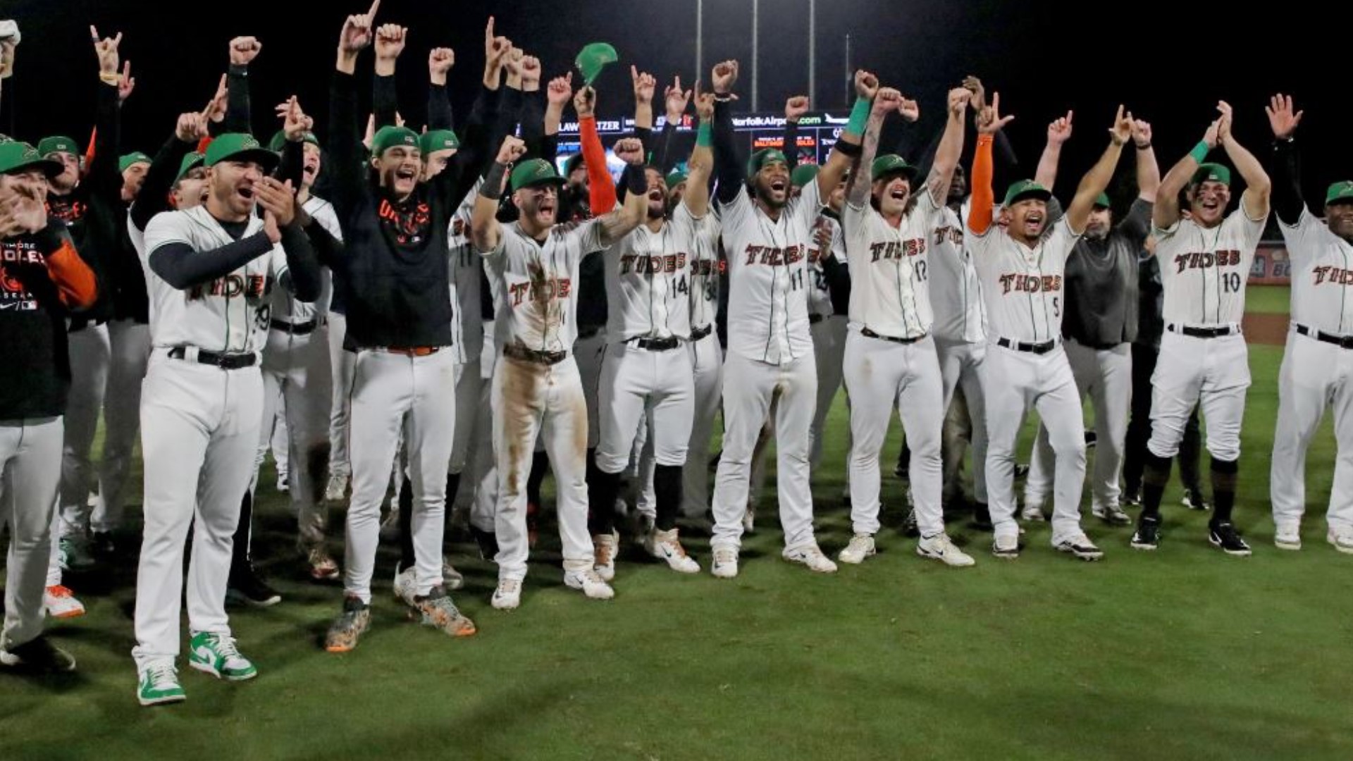Norfolk celebrating its International League title by winning game three over Durham on September 28th, 2023.