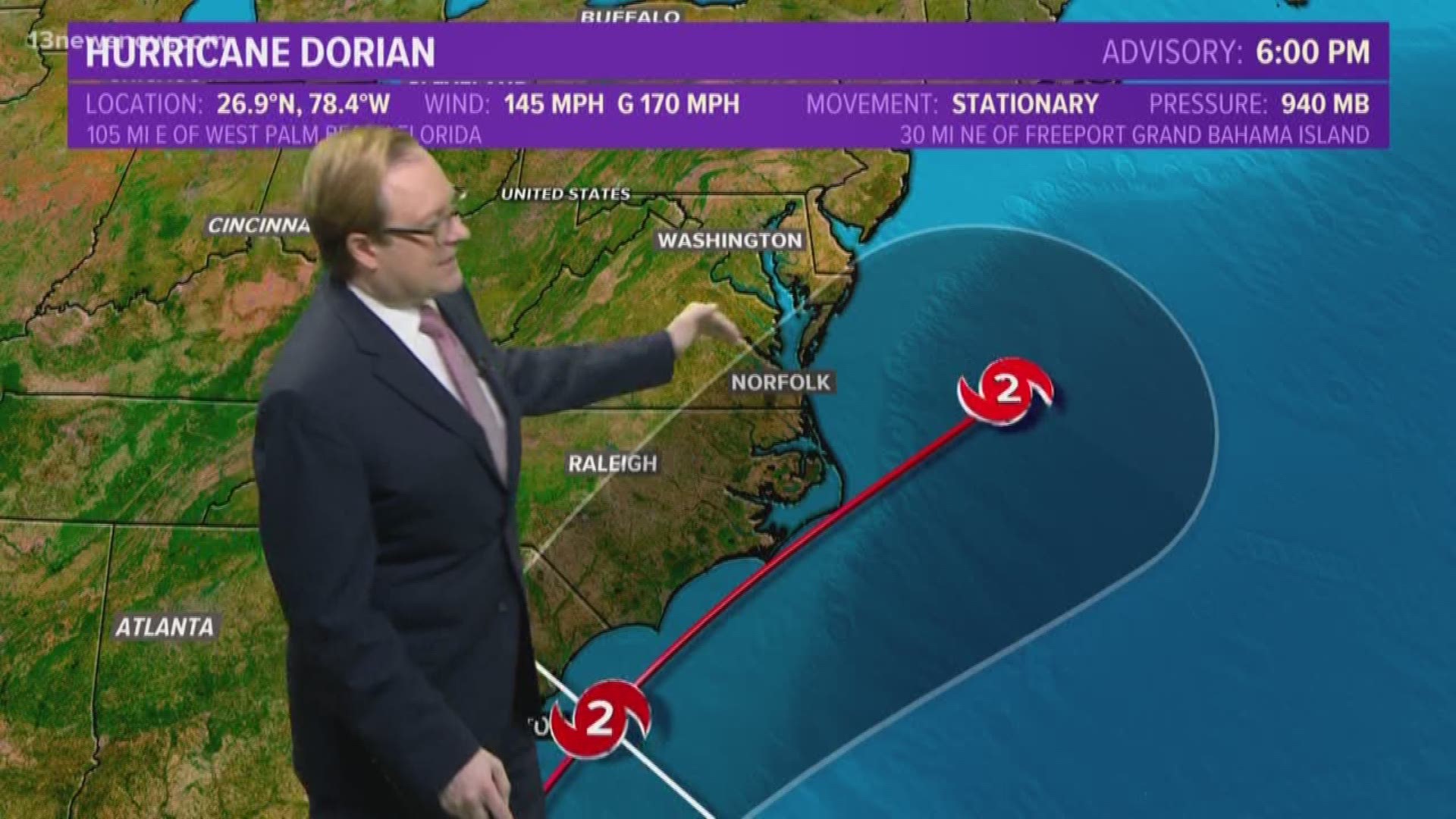 13News Now Meteorologist Evan Stewart gives an update on Hurricane Dorian. The category 4 story is almost at a standstill over the Bahamas. Spaghetti plots show the storm to remain off the coast for its trip north.