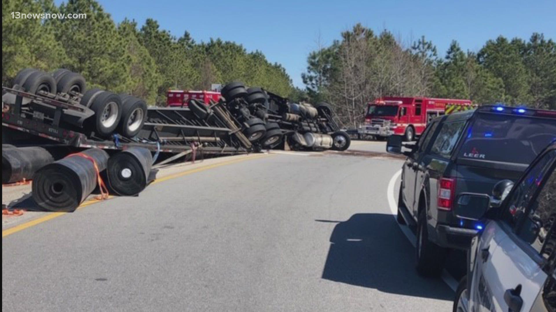 Police said the entrance and exit to the southwest Suffolk Bypass toward Route 58 West was closed due to an overturned tractor trailer.