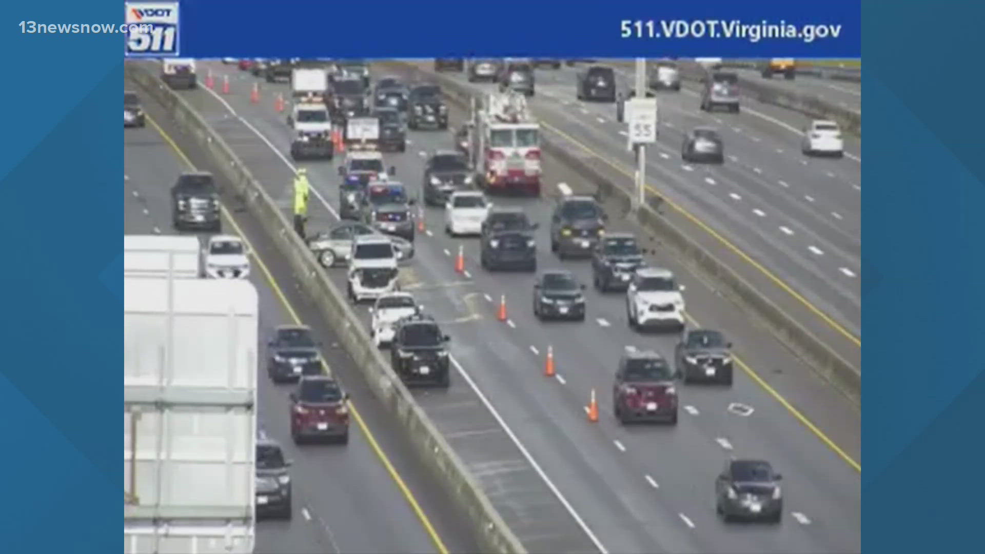 The right lane and right shoulder of I-264 are shut down near Newtown Road while authorities respond to the crash.