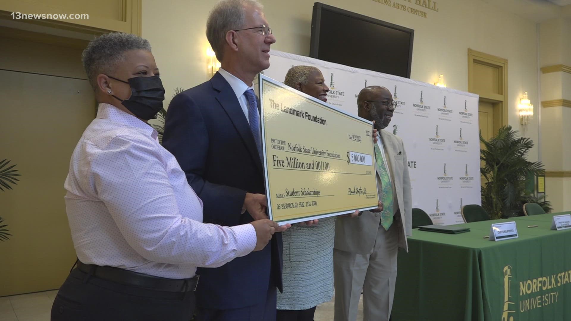 The Landmark Foundation is giving Norfolk State University $1 million per year for the next five years. It's going towards need-based scholarships for students.
