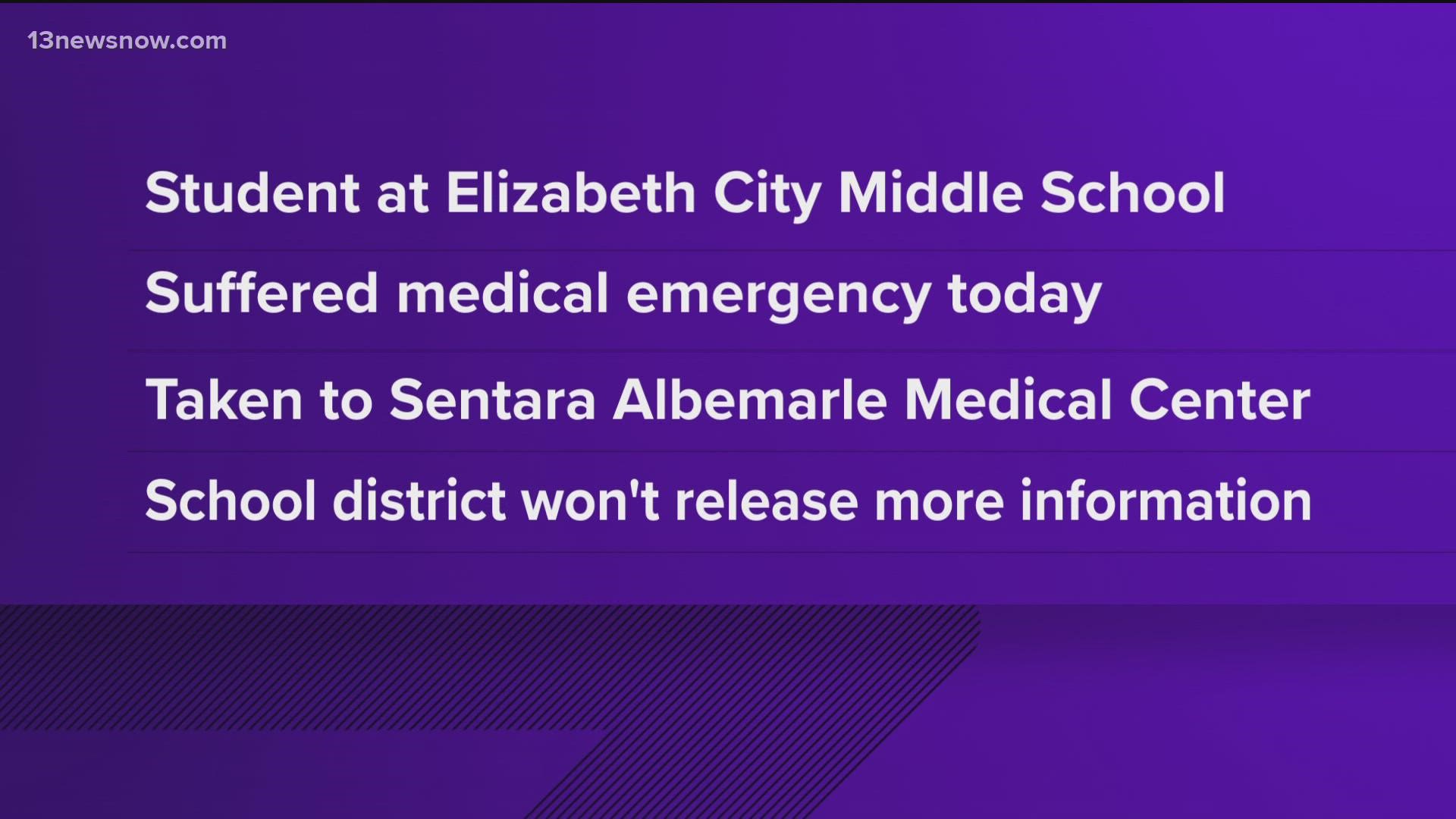 The student was taken to Sentara Albemarle Medical Center, where he later died.