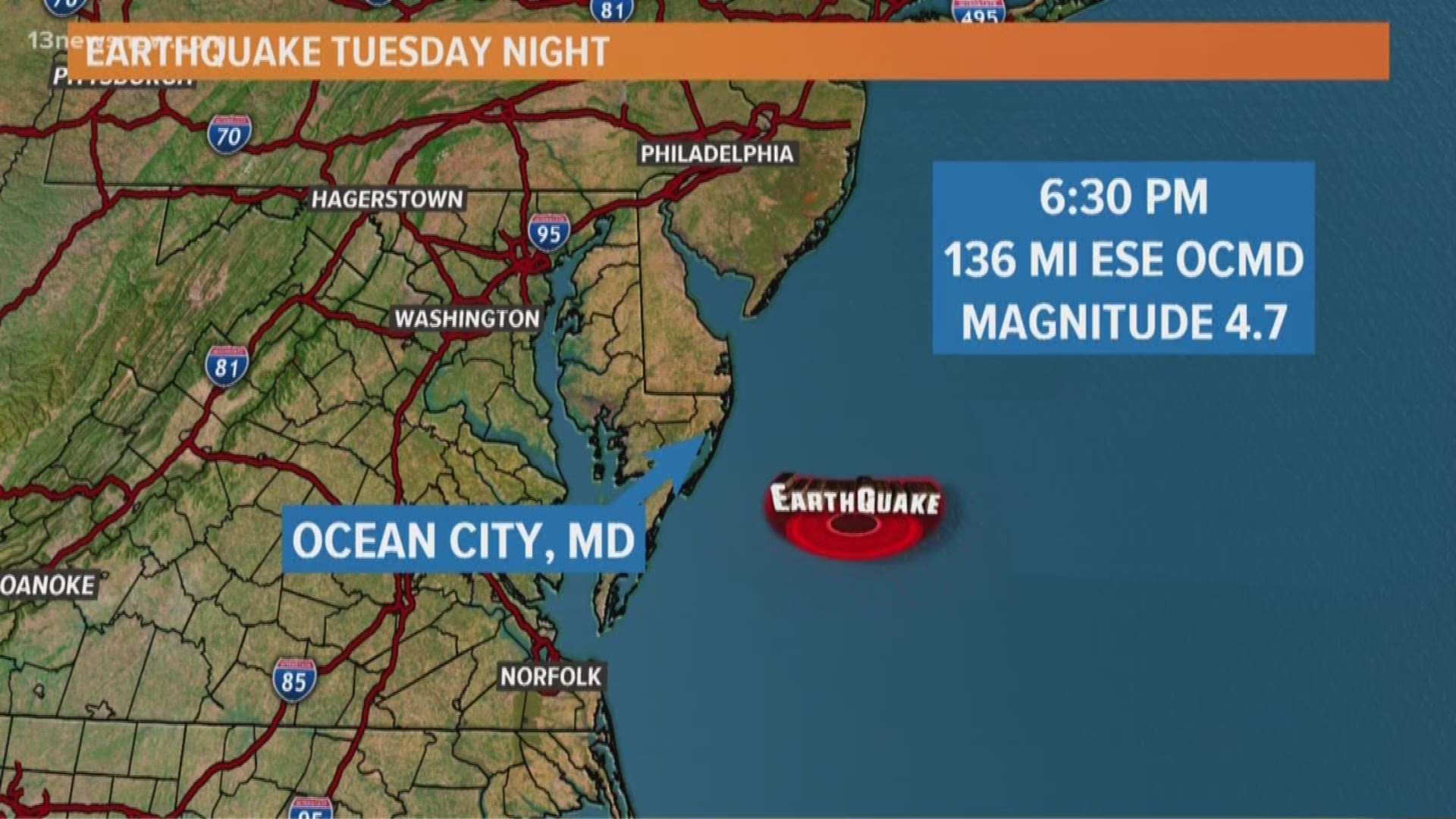 The earthquake was 136 miles off the coast of Ocean City, Maryland, according to the organization.