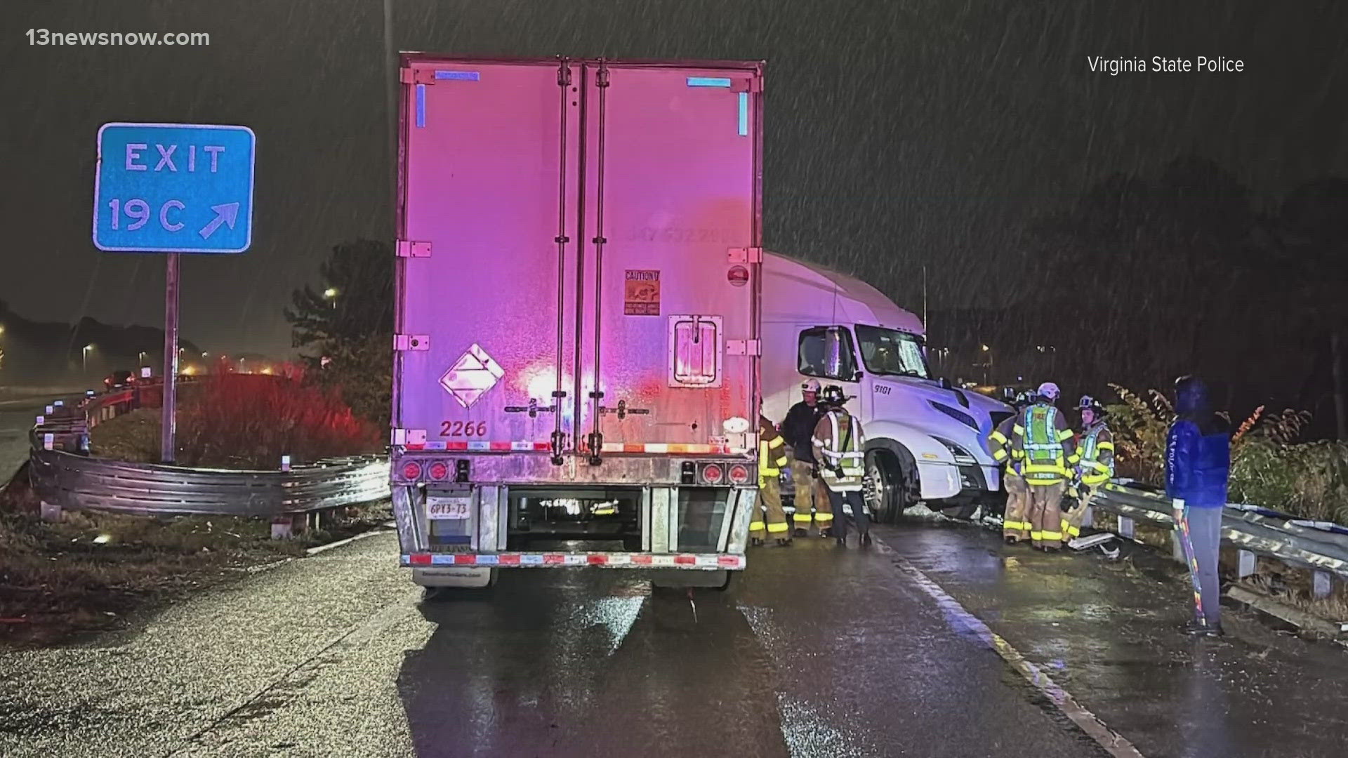 Hazmat crews were working to clean the spill as late as 10 p.m Thursday after the truck jack-knifed around 8:30 p.m.