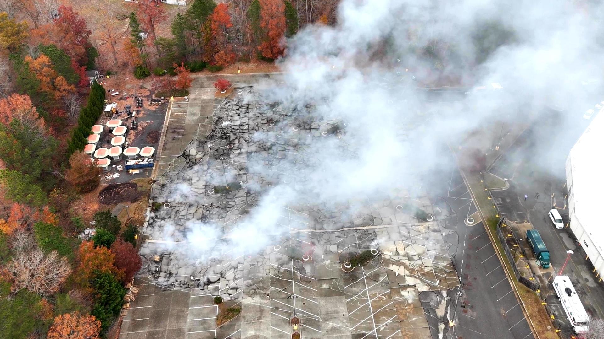 13News Now sent a drone over the overflow parking lot that was on fire by the Williamsburg Premium Outlets. Here's what we saw.