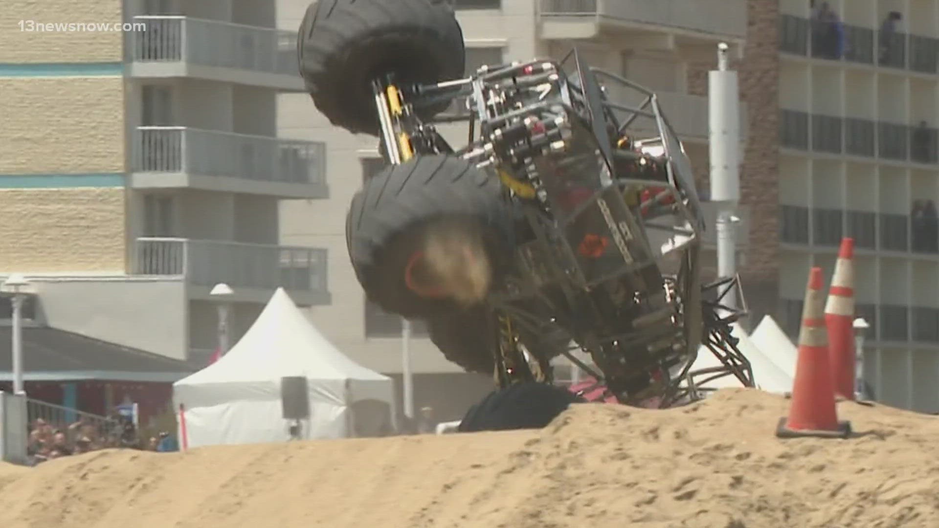 This weekend, eight monster trucks were out on the sand at the south end of the Virginia Beach Oceanfront in the resort area racing.