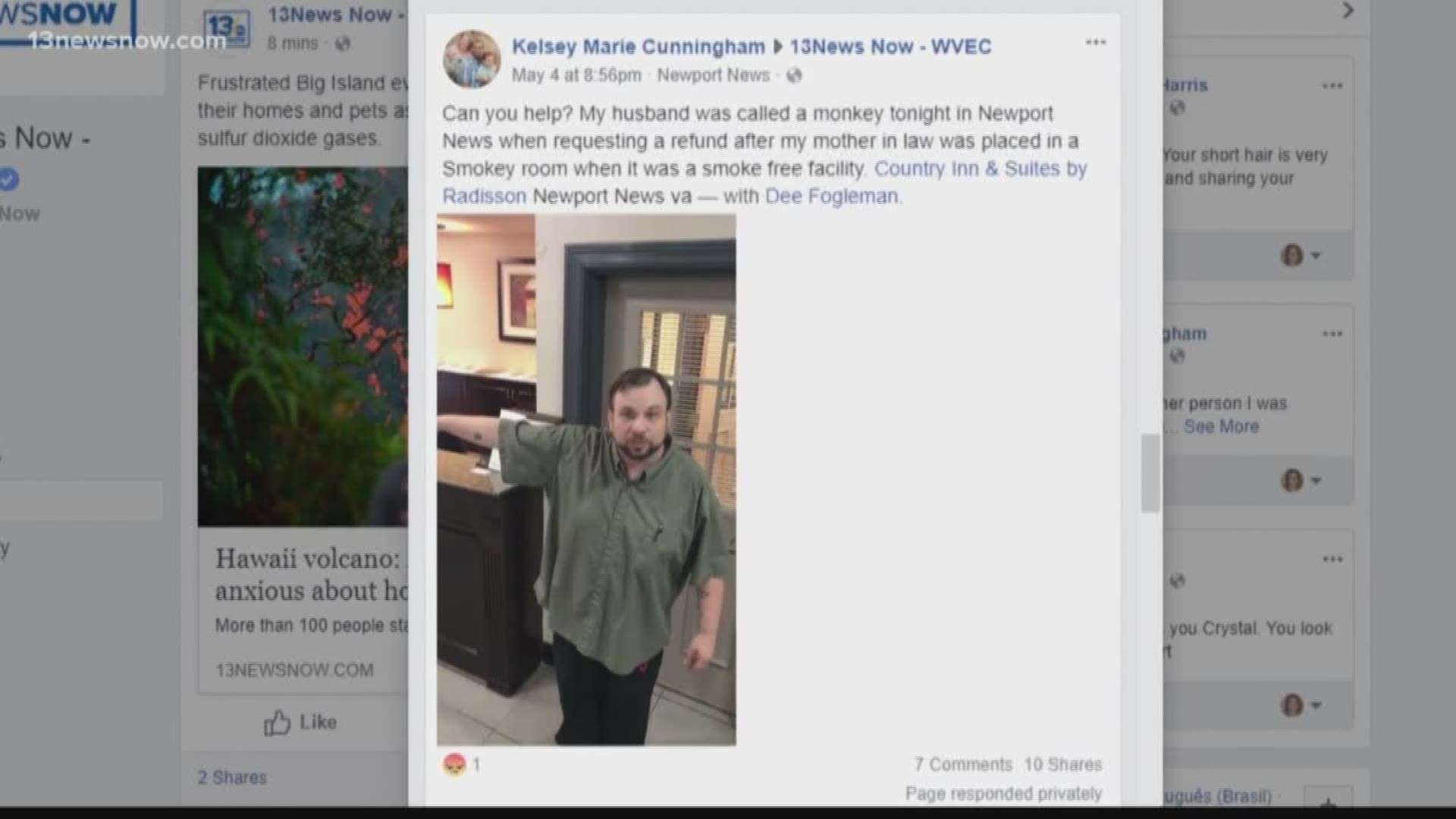 Irby Fogleman recorded part of a fight between him and a clerk at a Country Inn & Suites in Newport News. In the video, the clerk can be heard calling Fogleman a "(expletive) monkey."