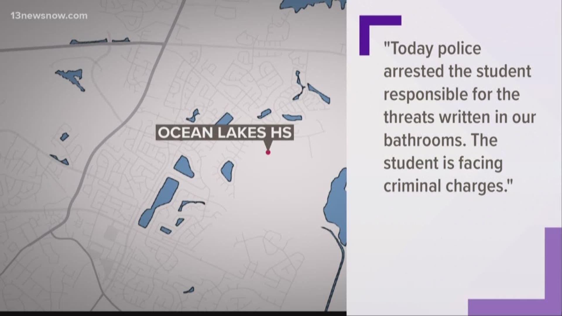 A Virginia Beach student is facing criminal charges after being accused of writing threats on the bathroom stall at Ocean Lakes high school.