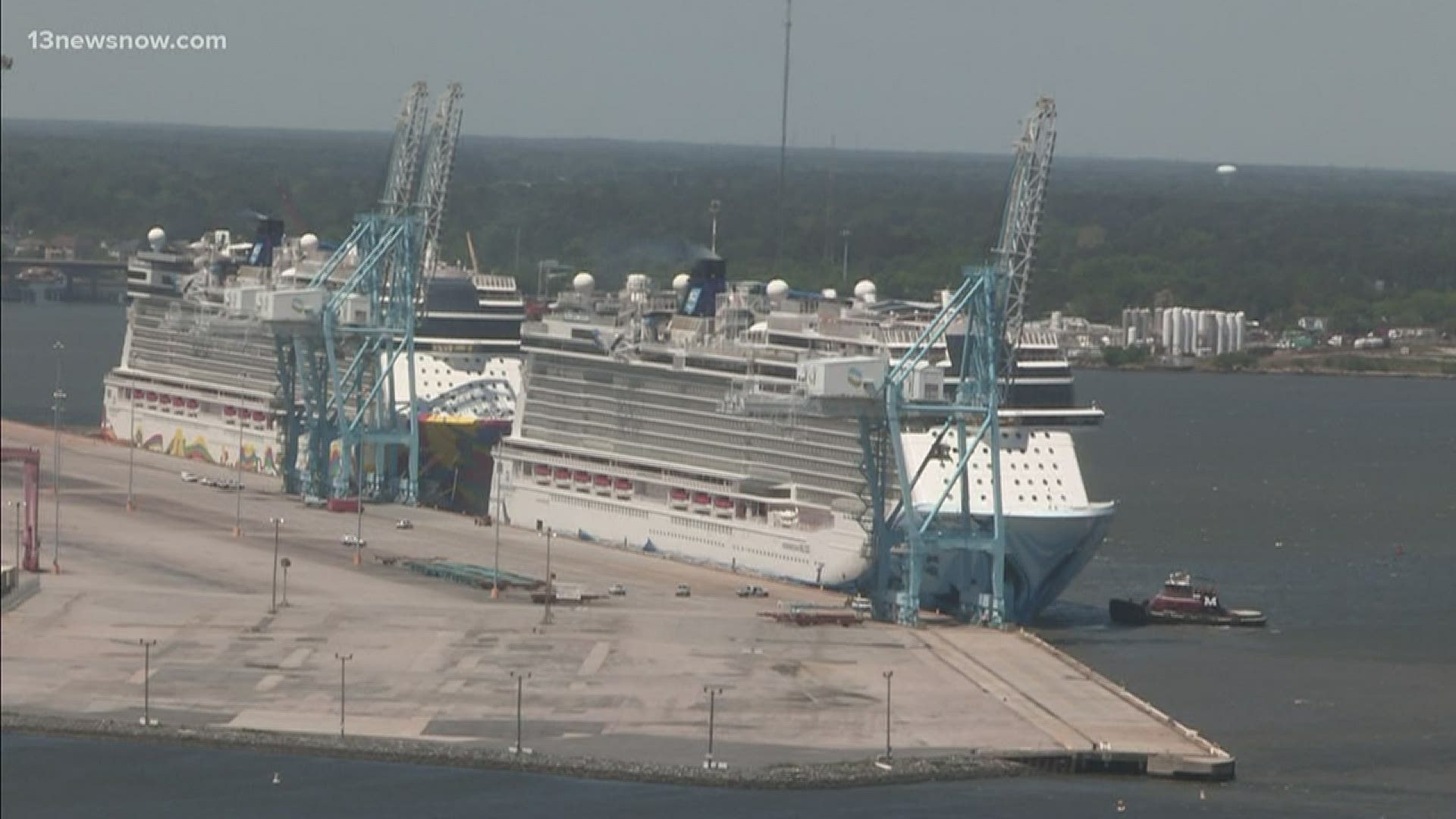 Three cruise ships from Norwegian Cruise Line will be docked at Portsmouth Marine Terminal beginning May 4, 2020. None has had passengers on it since March.