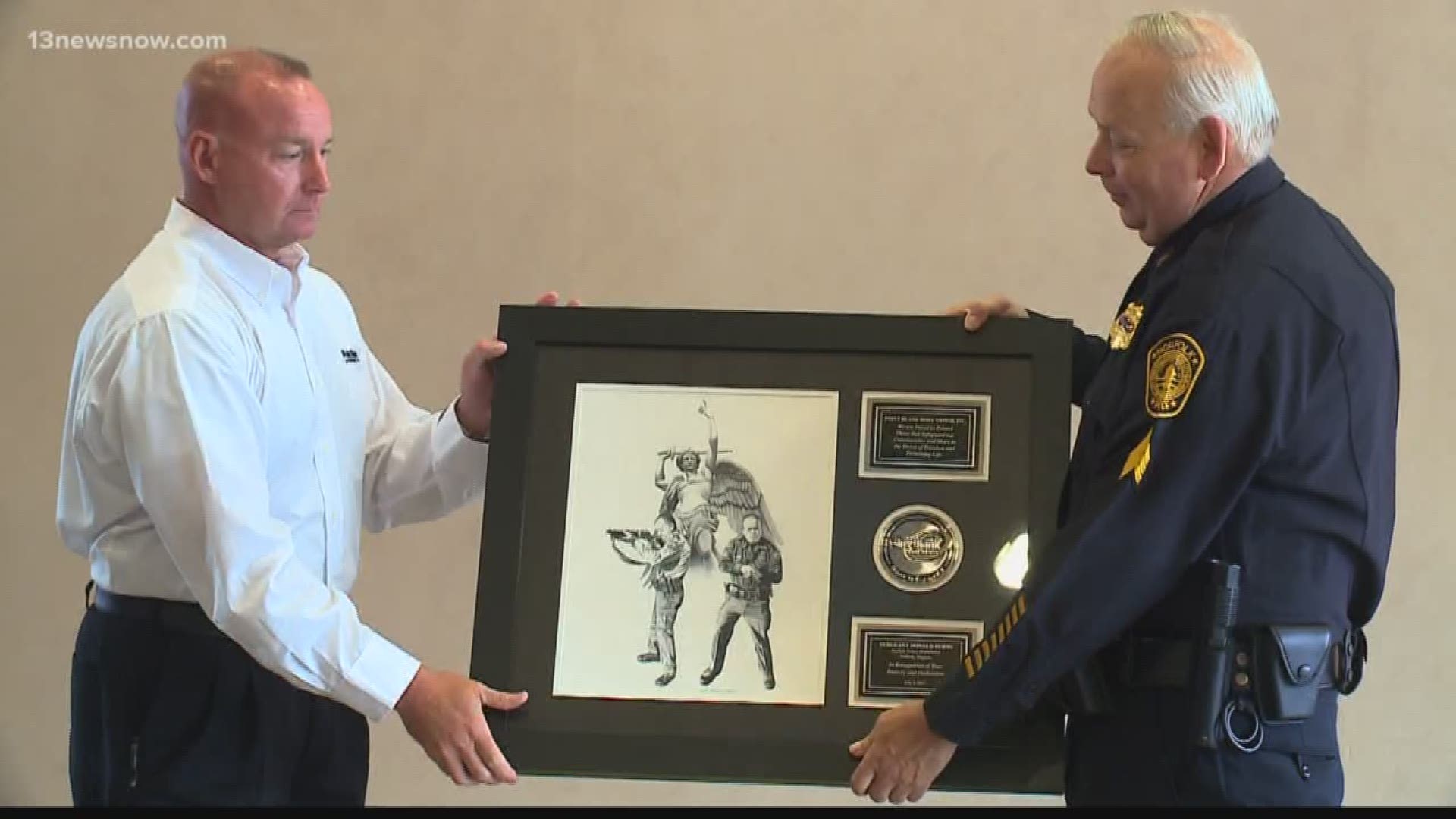 Point Blank Body Armor, which supplies vests for the Norfolk Police Department, presented Sgt. Donald Burns with the award Monday morning.