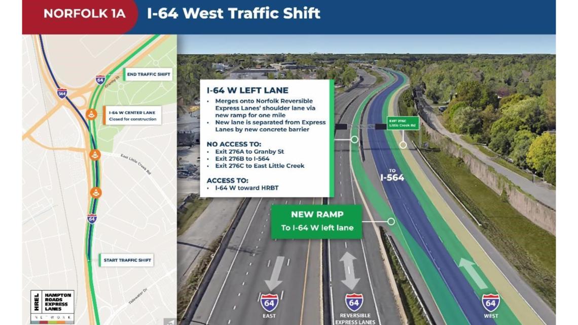 Temporary traffic pattern on I-64 west in Norfolk, near Tidewater