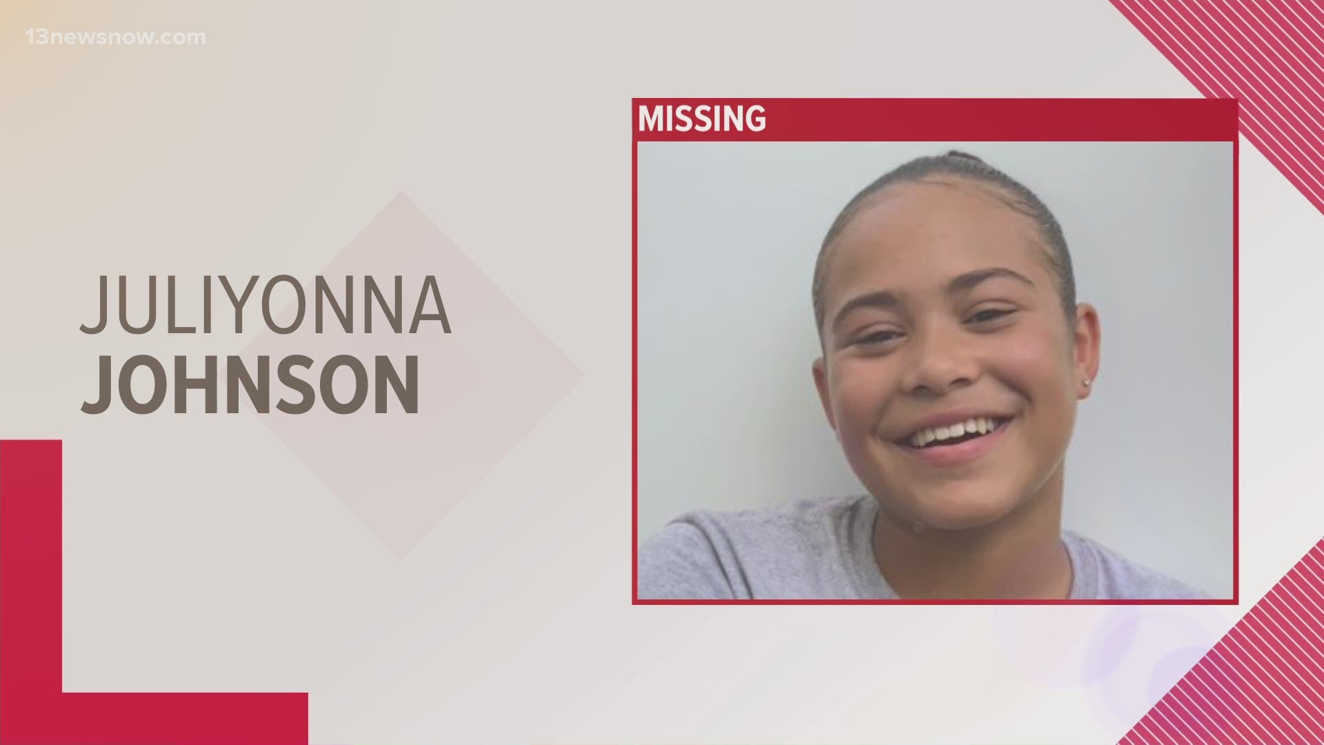 Juliyonna Johnson went missing on Simons Drive in Norfolk on August 9. Police ask anyone who knows anything about here whereabouts to call 911.