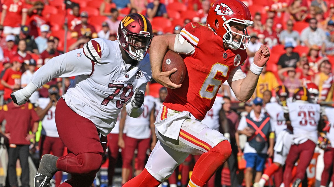 Kansas City Chiefs quarterback Patrick Mahomes (15) works out prior to an  NFL pre-season football game against the Washington Commanders Saturday,  Aug. 20, 2022, in Kansas City, Mo. (AP Photo/Peter Aiken Stock