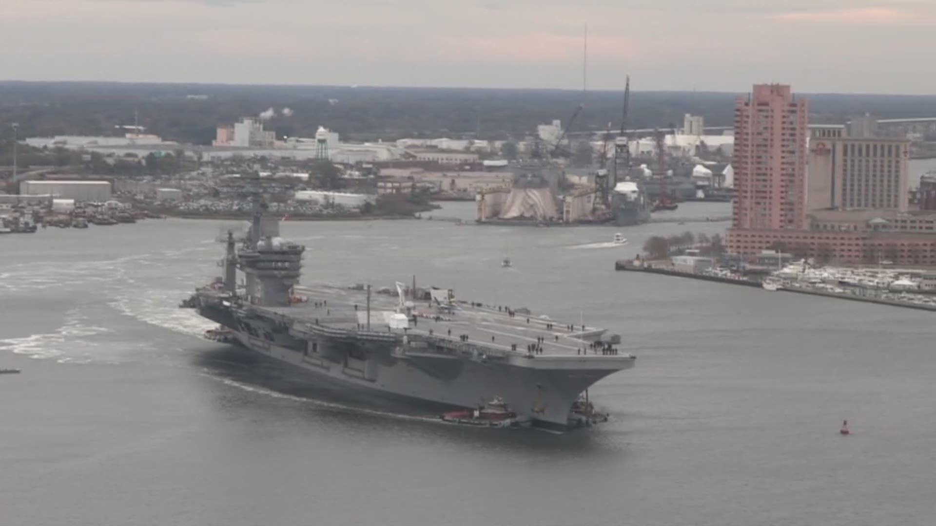11/14/18: The USS Dwight D. Eisenhower is moved from Norfolk Naval Shipyard where it was undergoing maintenance back to its homeport at Naval Station Norfolk.