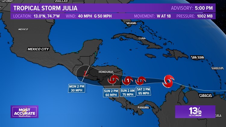 Julia weakens to a tropical storm after making landfall in Nicaragua as a Category 1 hurricane