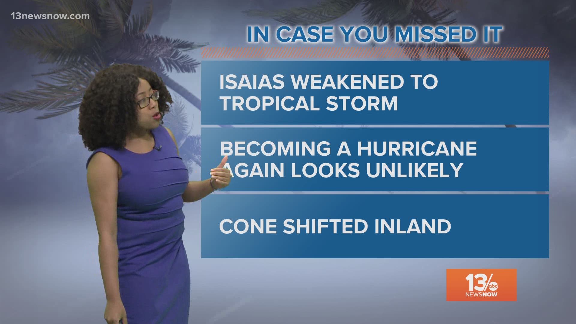 Tropical Storm Isaias is now unlikely to become a hurricane again. The cone of uncertainty has now shifted inland meaning weaker storms are possible for our area.