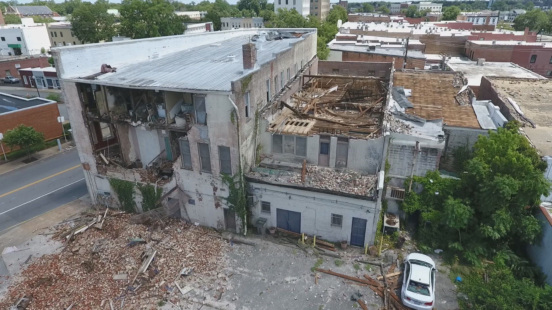 Drone footage showing extensive damage caused by Tropical Storm Isaias in Downtown Suffolk on August 4, 2020.