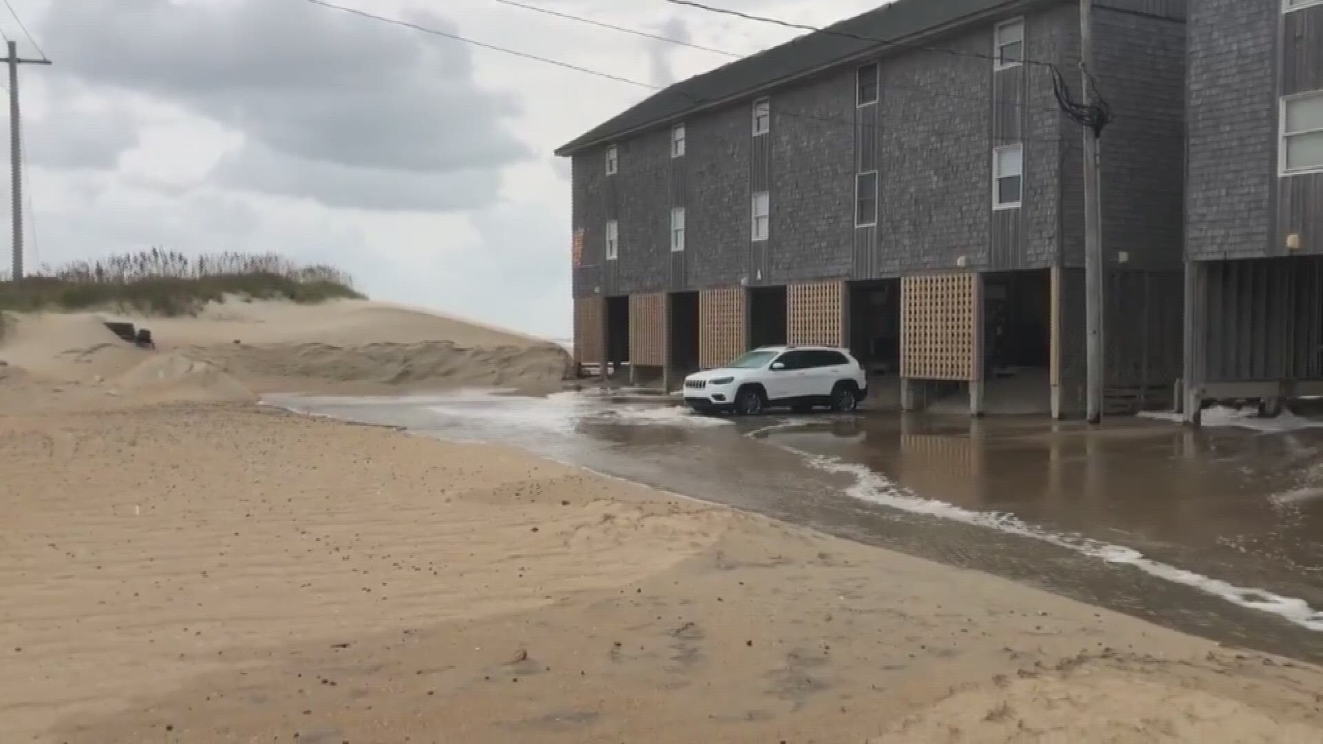 Areas in Buxton, NC saw overwash on roads as high winds brought high tides. (Credit: Janet Morrow Dawson / Cape Hatteras Motel)