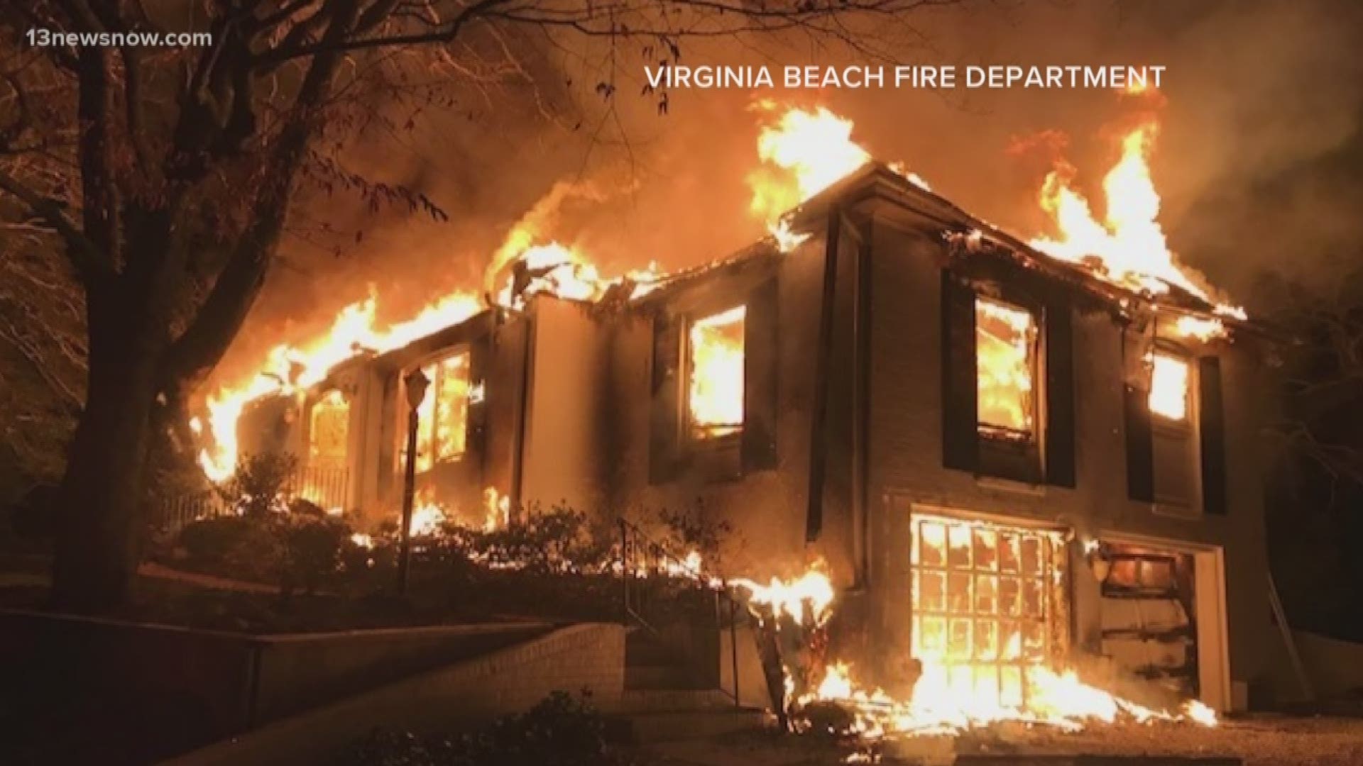 The massive fire destroyed a house in Virginia Beach.
